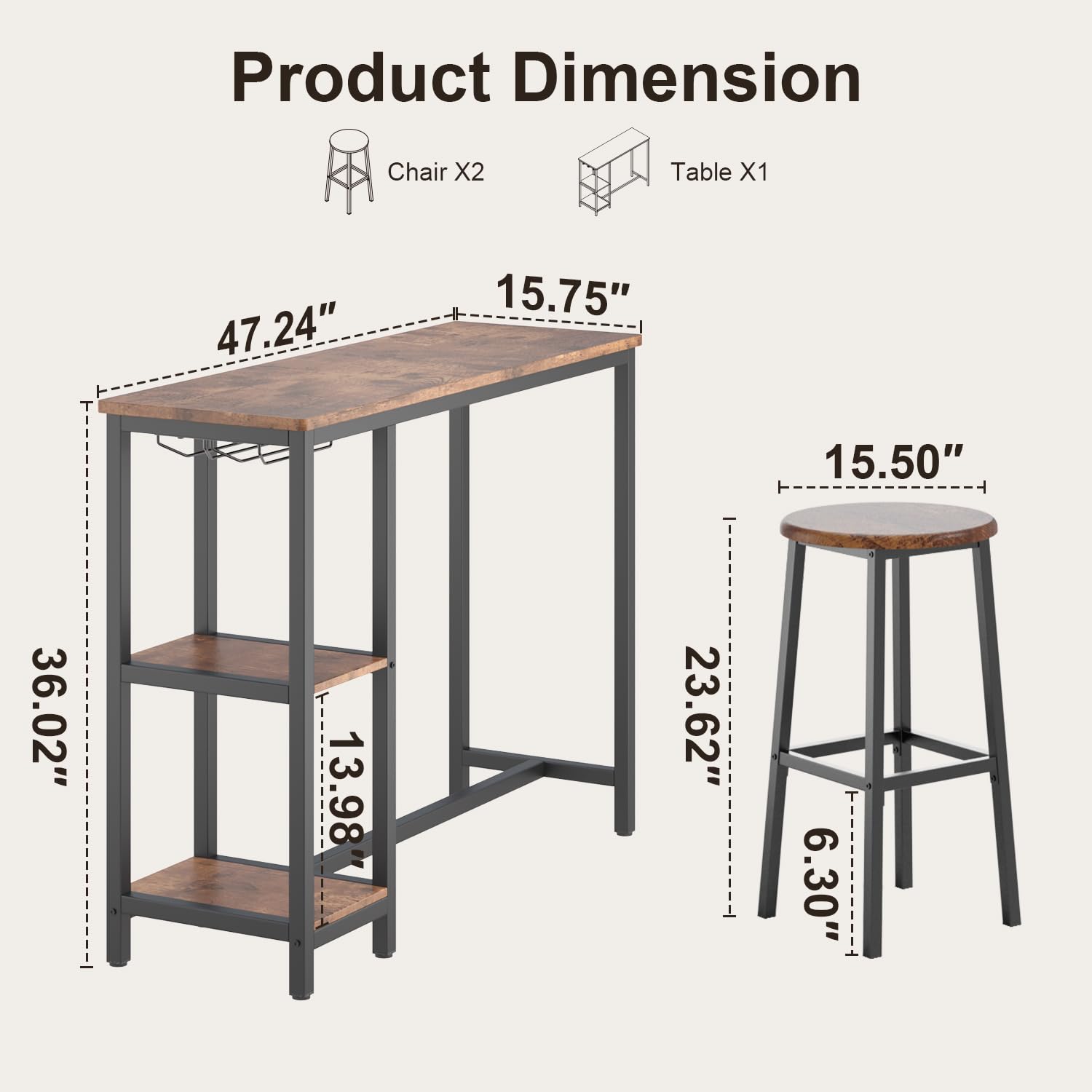 Aiho Dining Table Set for 2 Person, 3 Pieces Bar Bar Table and Chairs Set with 2 Storage Shelves & Glass Rack, For Kitchen, Dining Room, Bar, Rustic Brown