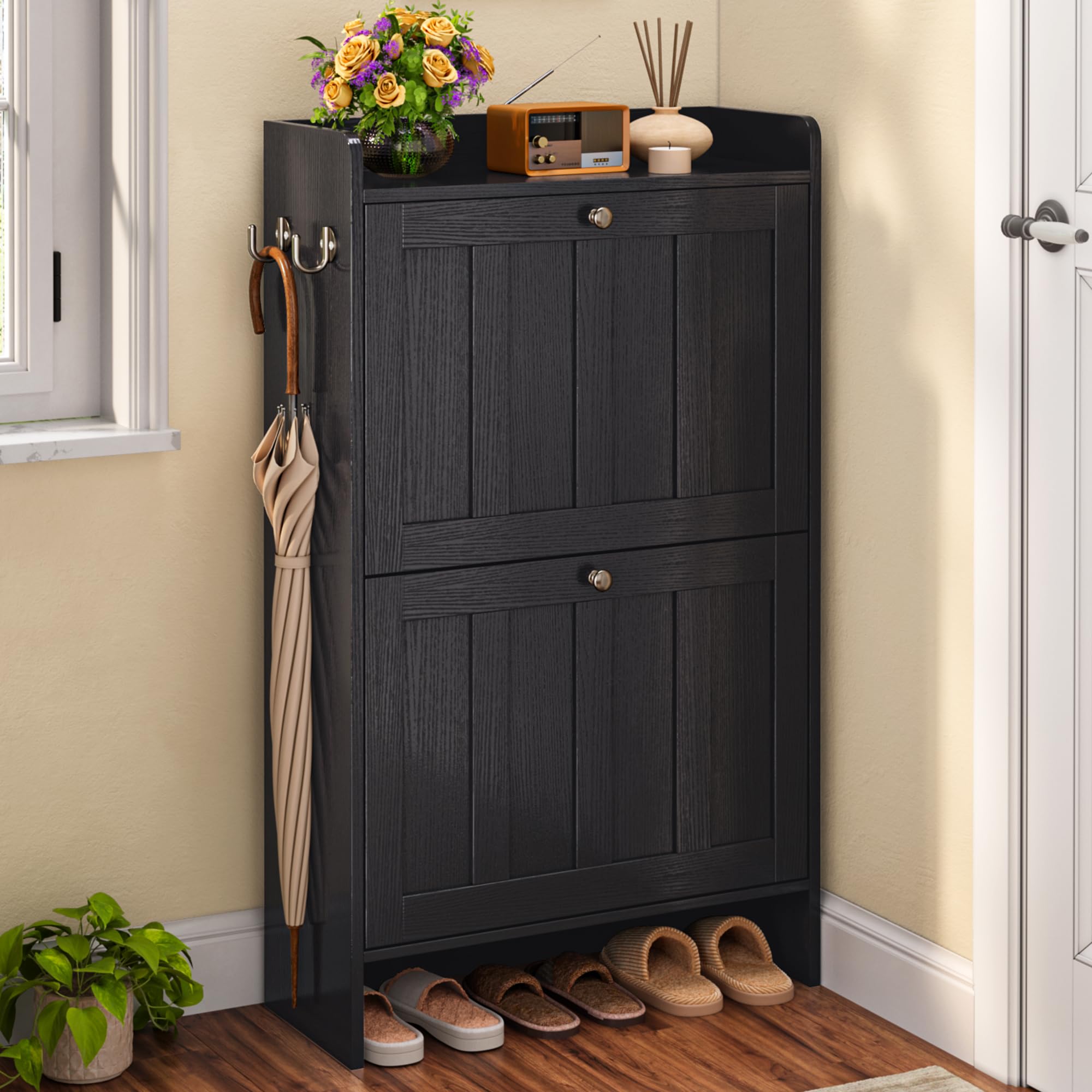 Aiho Shoe Storage Cabinet with 2 Flip Drawers and Open Storage, MDF Wood Narrow Shoe Cabinet, For Foyer, Hallway, Porch, Living Room, Balcony, Bedroom-Black