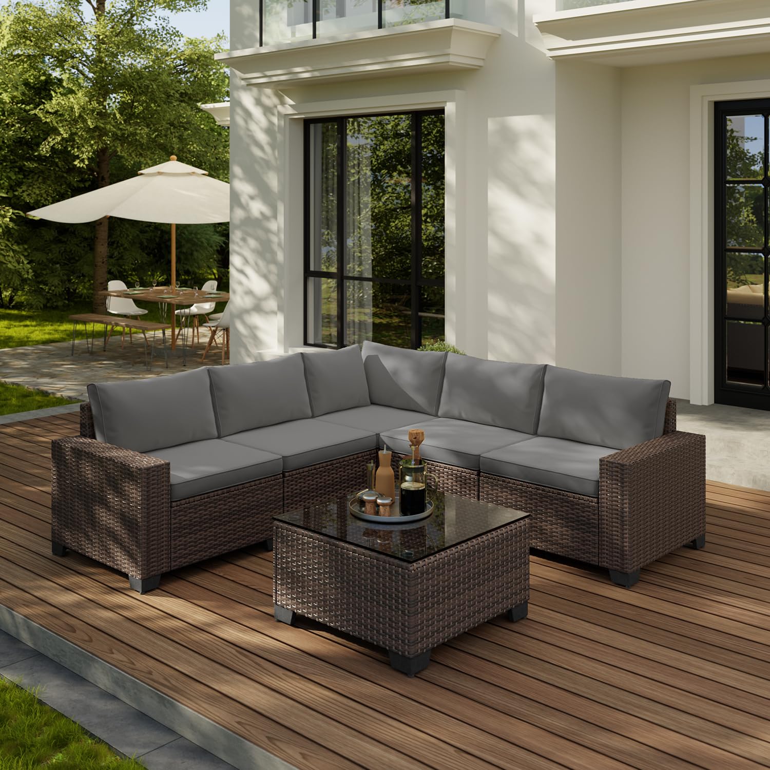 Aiho Outdoor Patio Furniture Set with All Weather Wicker, 6 Pieces Outdoor Sectional Sofa with Soft Cushions and Coffee Table, For Garden, Backyard, Poolside, Patio, Porch and Balcony - Gray