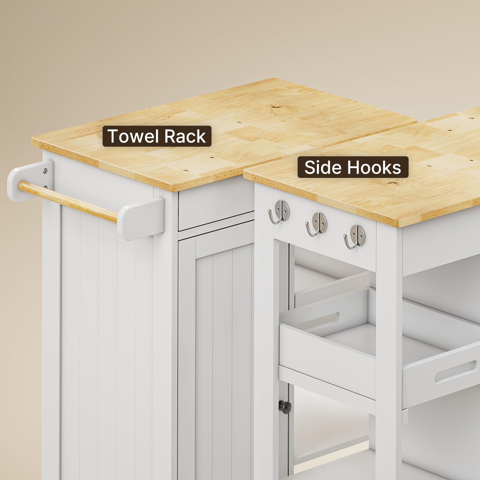 Aiho Kitchen Island Cart on Wheels with Towel Bar and Hooks, Rolling Mobile Serving Utility Cart with Drawer and Adjustable Shelves, White
