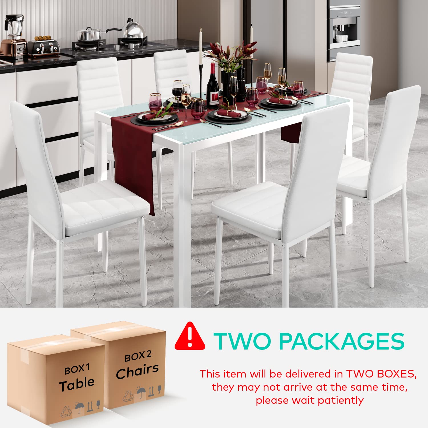 Aiho Dining Table with 6 PU Leather Chairs, Morden Kitchen Table Chairs Set for 6 Person, Perfect for Dining Room, Kitchen, Living Room, White