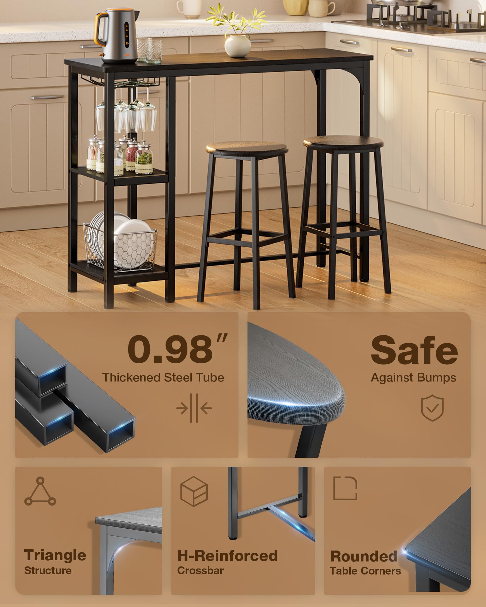 Aiho Dining Table Set for 2 Person, 3 Pieces Bar Bar Table and Chairs Set with 2 Storage Shelves & Glass Rack, For Kitchen, Dining Room, Bar, Black