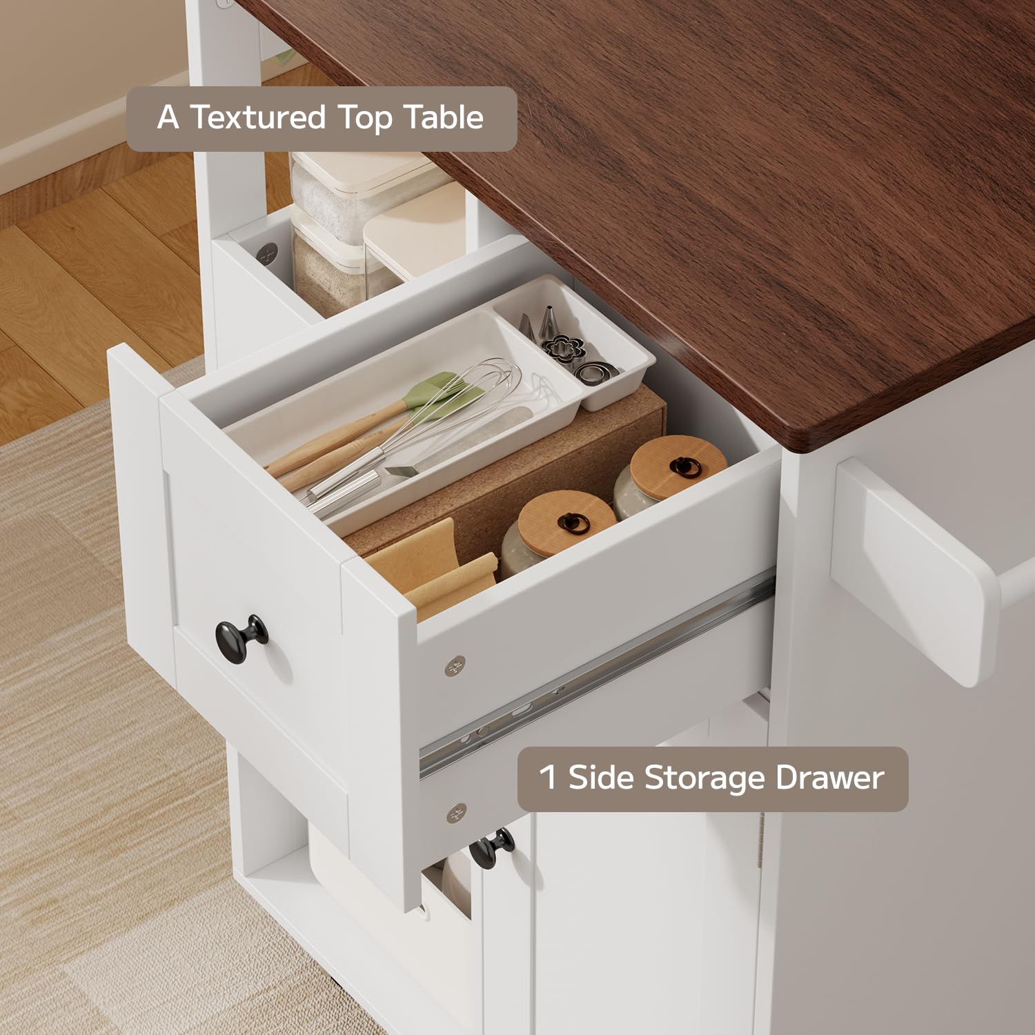 23.6" W Aiho Rolling Kitchen Island on Wheels with Spice Rack, Removable Tray, Drawers, Island Table for Kitchen with Adjustable Shelves, For Kitchen, Dining Room, Coffee Bar, White and Retro Tabletop