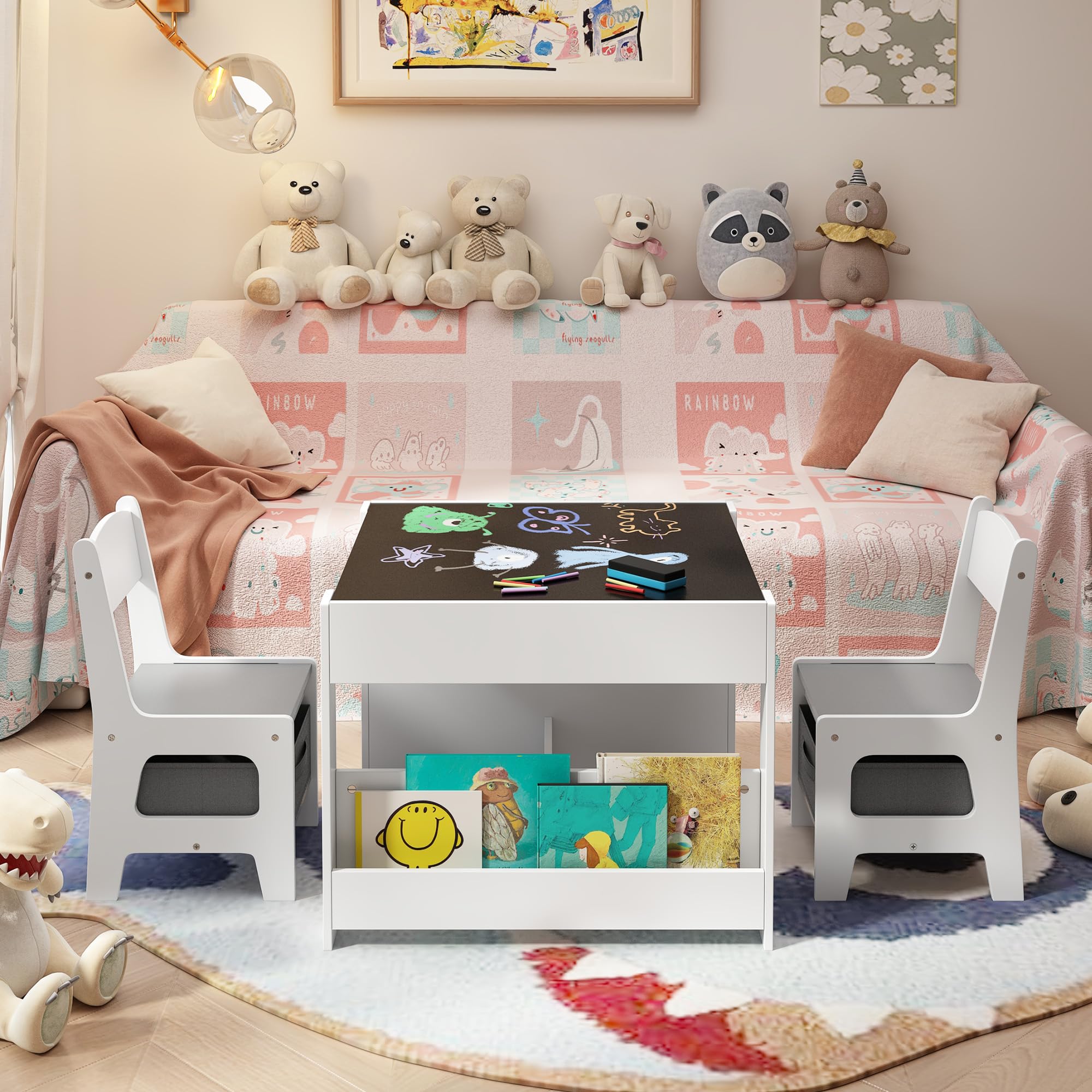 Aiho 3 Piece Child Table and Chair Set, 4-in-1 Kids Table Set, Child Activity Desk with Chalkboard/Whiteboard and Bookshelf - Gray