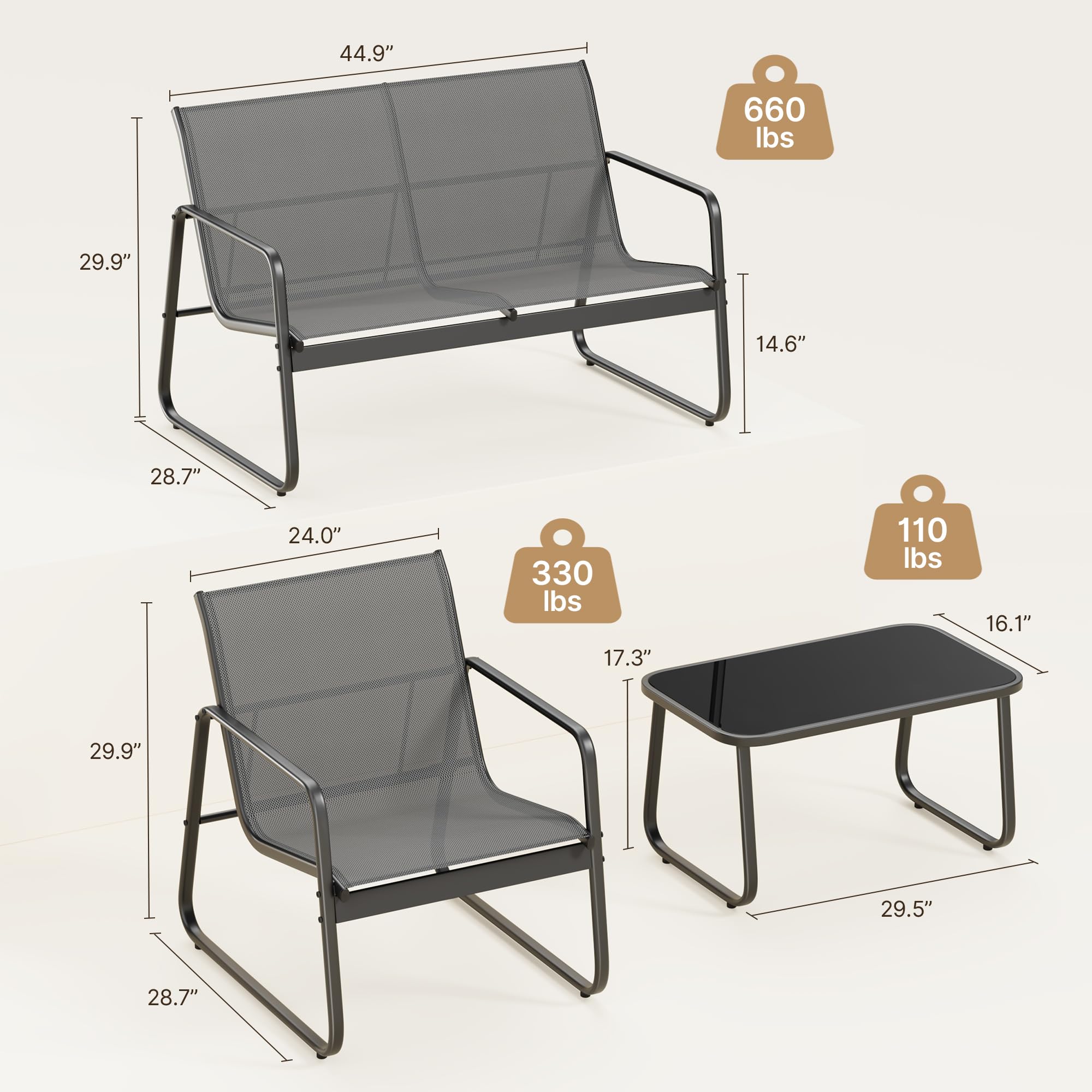 Aiho 3 Pieces Outdoor Patio Furniture Set with Textilene Material, Outdoor Chairs Set of 3 with Tempered Glass Table, Perfect for Garden, Lawn, Patio, Pool, Backyard, Balcony, Porch-Gray