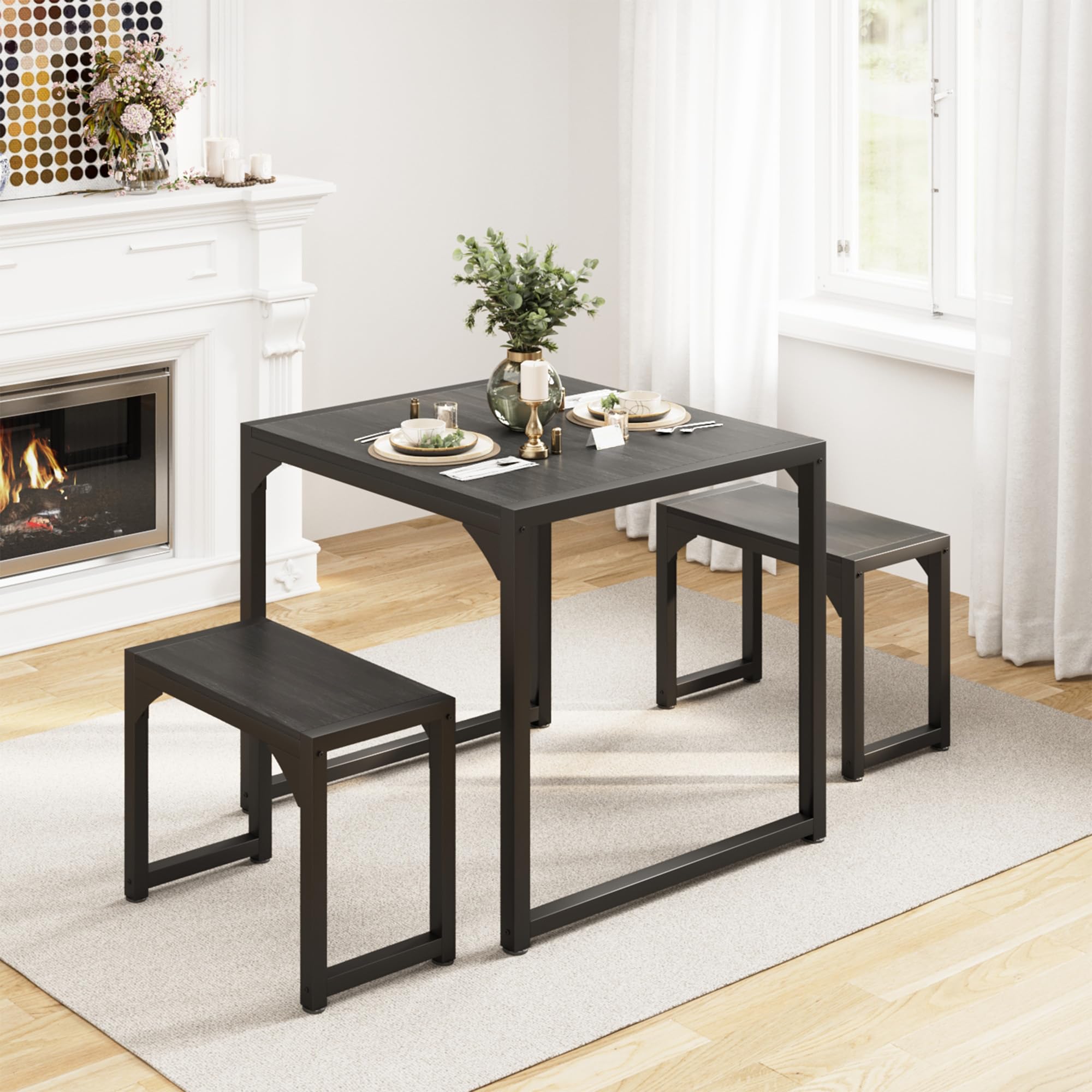 Aiho 25.6" Dining Table Set for 2, Kitchen Table with 2 Stools, Wood Dining Room Dinette Sets with Metal Frame for Breakfast Nook and Small Space - Black