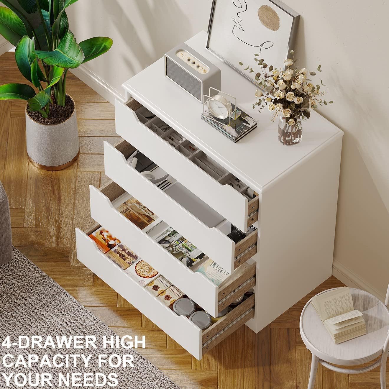 Aiho White 4 Drawer Dresser for Bedroom, Wooden Storage Organizer Cabinet for Living Room, Bedroom - White