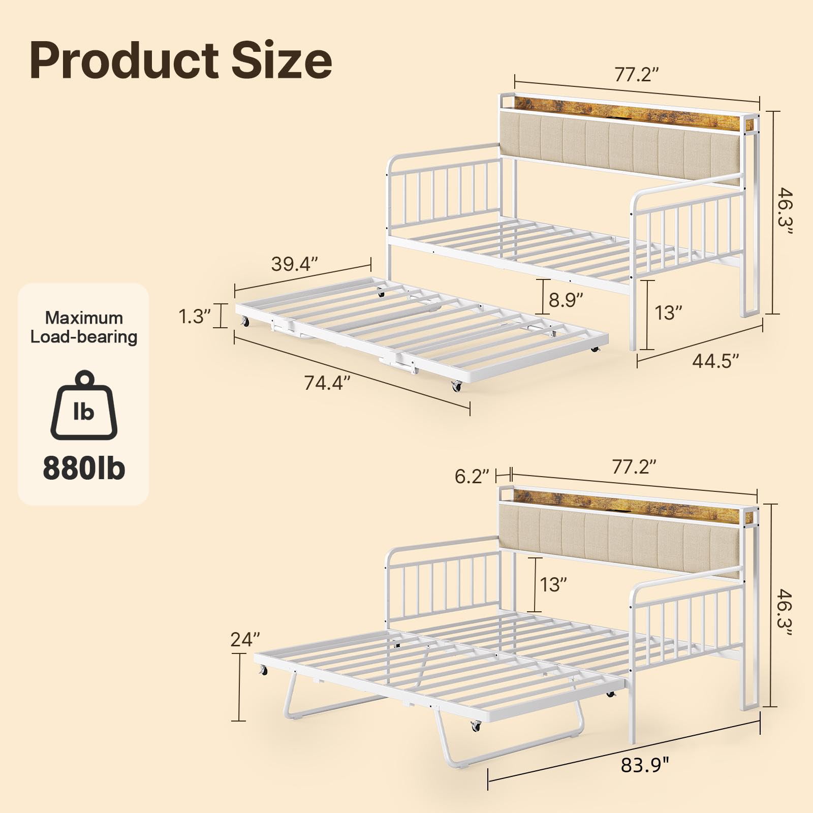 Aiho Daybed with Trundle, Twin Day Bed Frame with Storage Headboard and Charging Station, Sturdy Metal Sofa Bed with Pull-Out Trundle for Living Room, Bedroom and Guest Room - Beige
