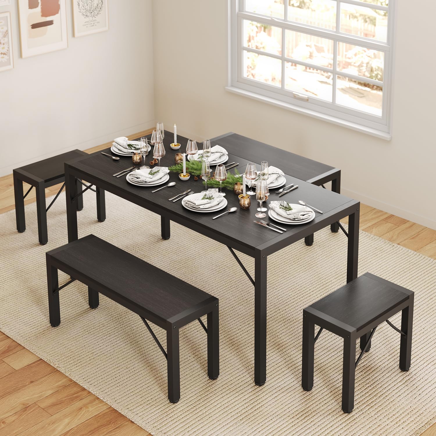 Aiho 63" Dining Table Set for 6, Kitchen Table with 2 Stools & 2 Benches, Wood Dining Room Dinette Sets with Metal Frame for Breakfast Nook and Small Space - Black