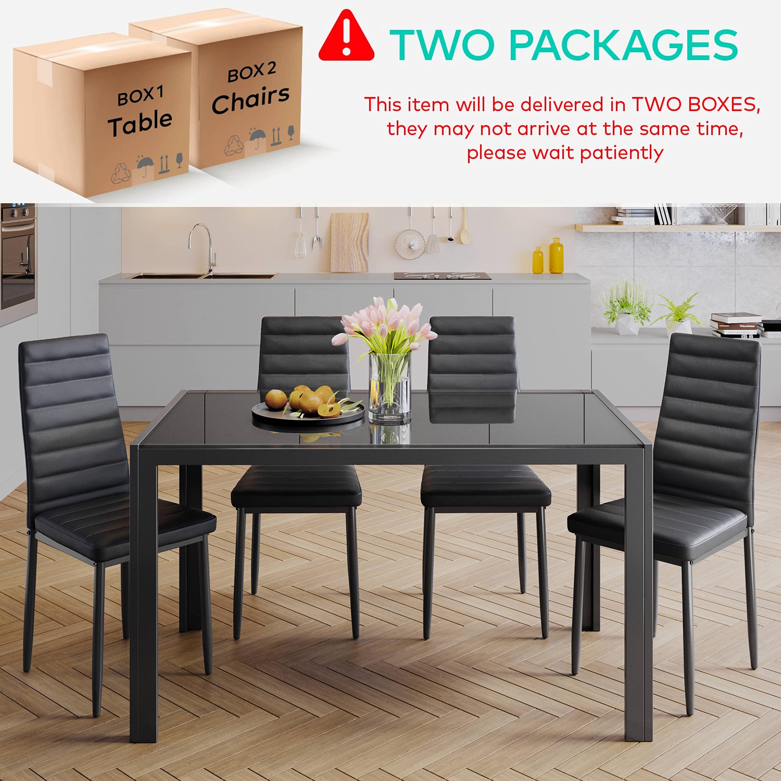 Aiho 5 Piece Kitchen Dining Set with 4 PU Leather Chairs and Glass Table Top, Glass Dining Set for 4, Modern Dining Room Sets for Kitchen, Living Room - Black