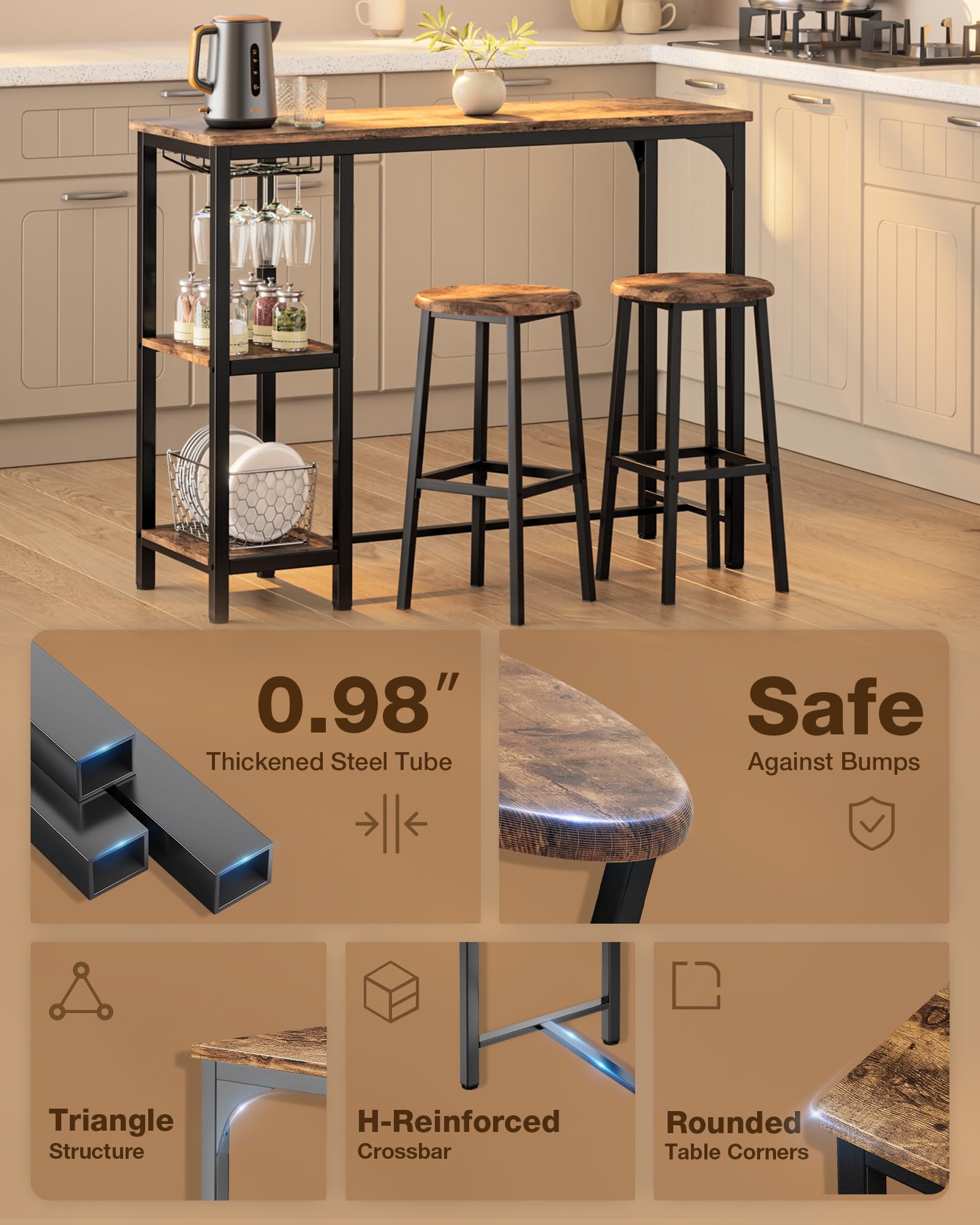 Aiho Dining Table Set for 2 Person, 3 Pieces Bar Bar Table and Chairs Set with 2 Storage Shelves & Glass Rack, For Kitchen, Dining Room, Bar, Rustic Brown