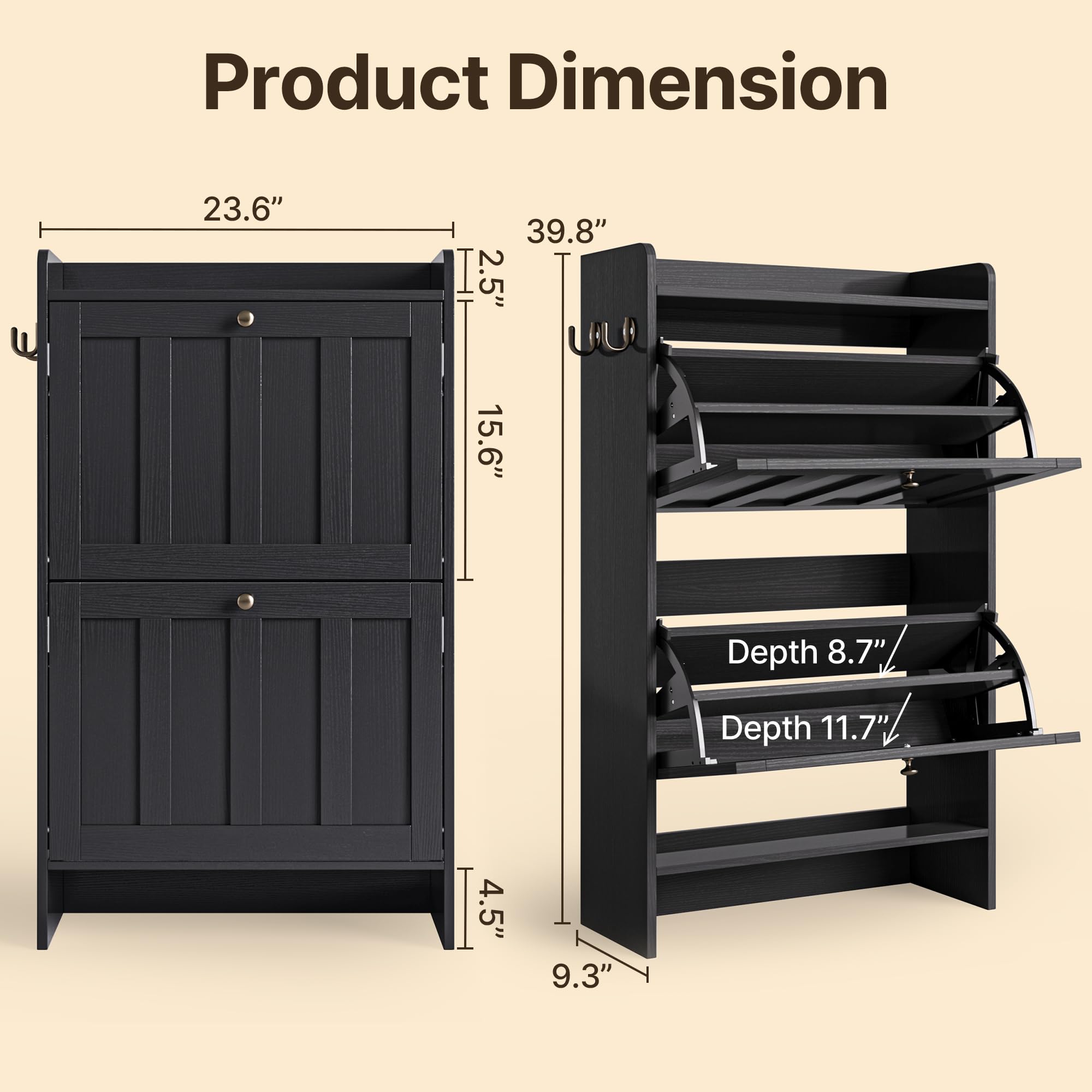 Aiho Shoe Storage Cabinet with 2 Flip Drawers and Open Storage, MDF Wood Narrow Shoe Cabinet, For Foyer, Hallway, Porch, Living Room, Balcony, Bedroom-Black