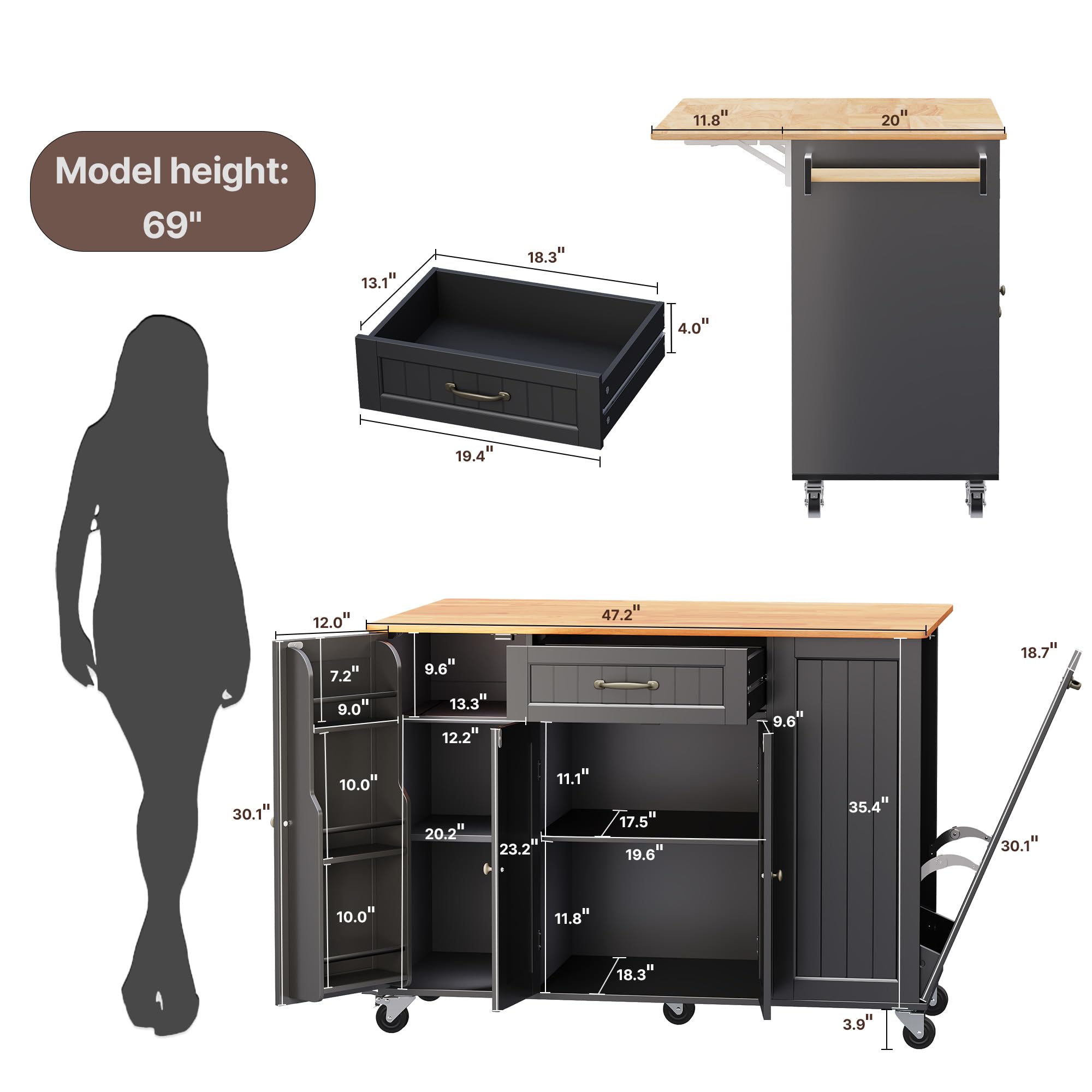 47.2"W Aiho Island Table for Kitchen with Folding Drop Leaf & Spice Rack & Drawer, Kitchen Island with Trash Can Storage for Kichen, Bar, Living Room, Black