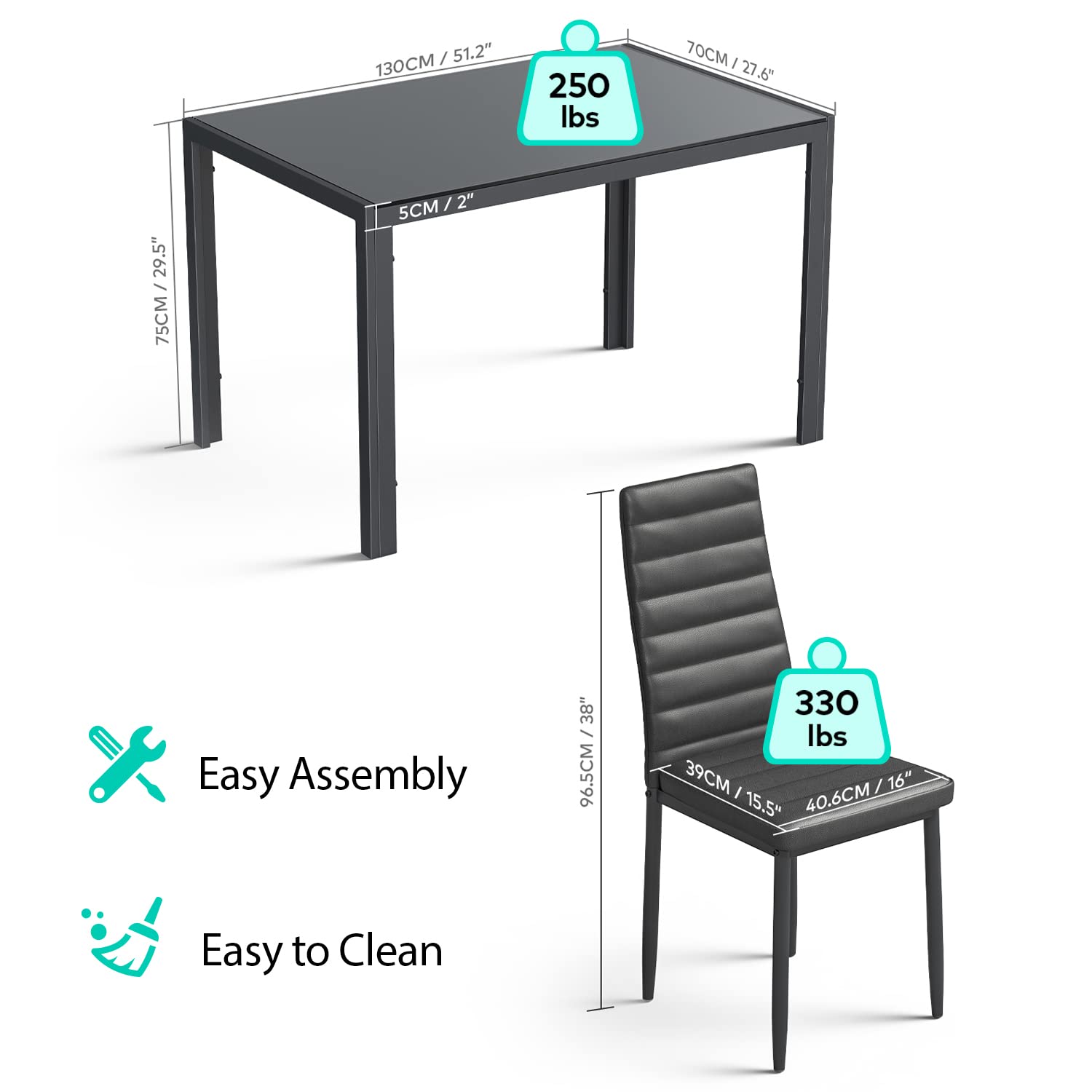 Aiho Dining Table with 6 PU Leather Chairs, Morden Kitchen Table Chairs Set for 6 Person, Perfect for Dining Room, Kitchen, Living Room, Black