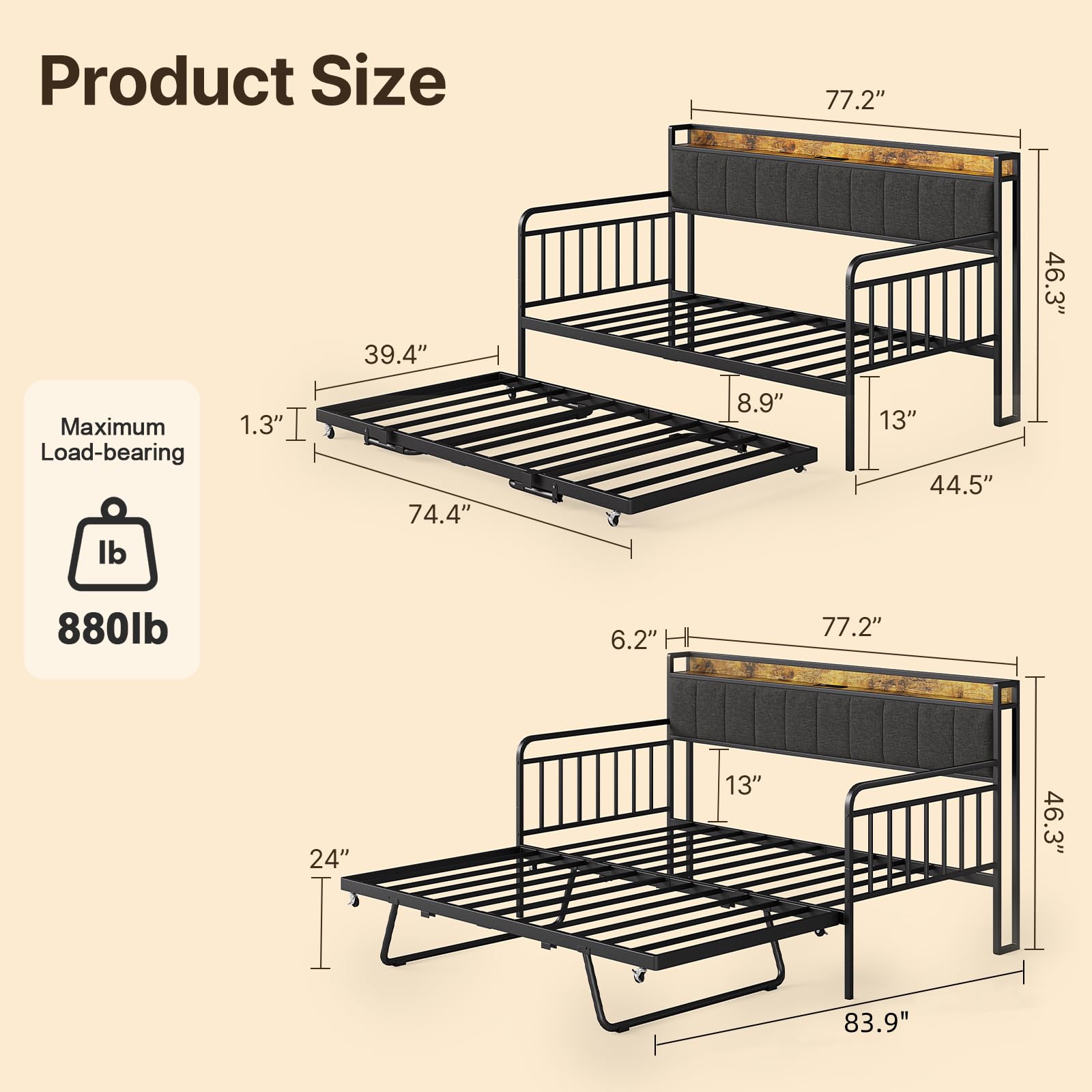 Aiho Daybed with Trundle, Twin Day Bed Frame with Storage Headboard and Charging Station, Sturdy Metal Sofa Bed with Pull-Out Trundle for Living Room, Bedroom and Guest Room - Grey