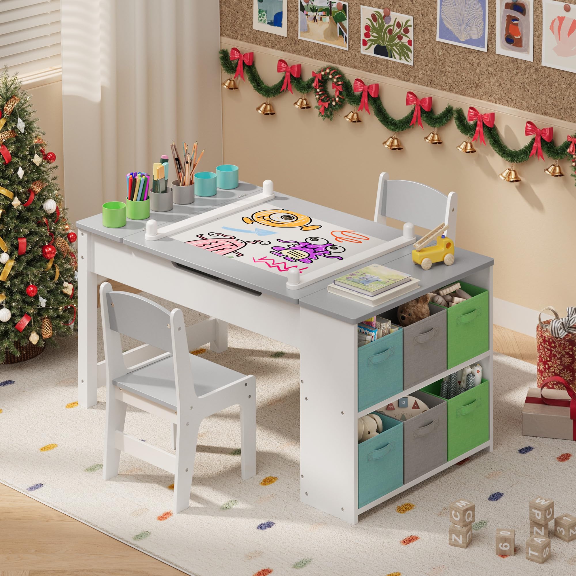 Aiho 3 in 1 Kid Table & Chair Set Drawing, Child Activity Table, Kids Table Set Painting with Cabinet - Grey