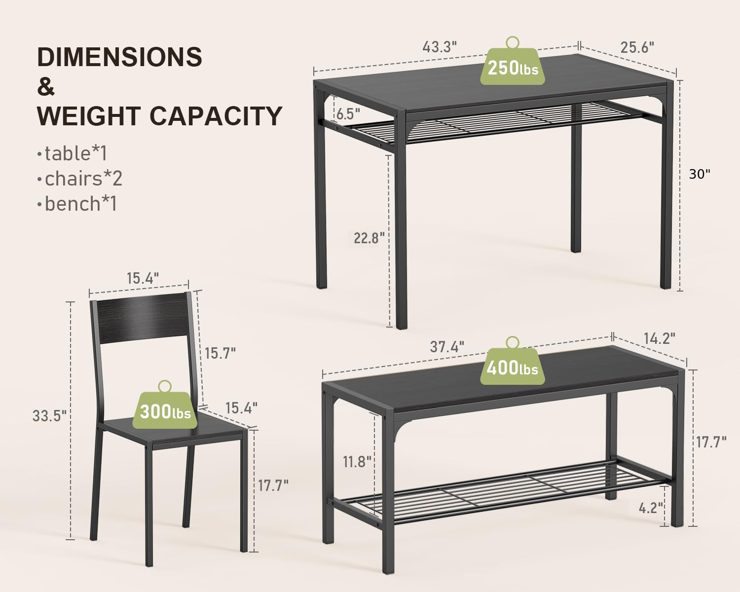 Aiho Dinning Table for 4, Kitchen Table and 2 Chairs for 4 with Bench, 4 Piece Dining Table Set for Small Space, Apartment - Black