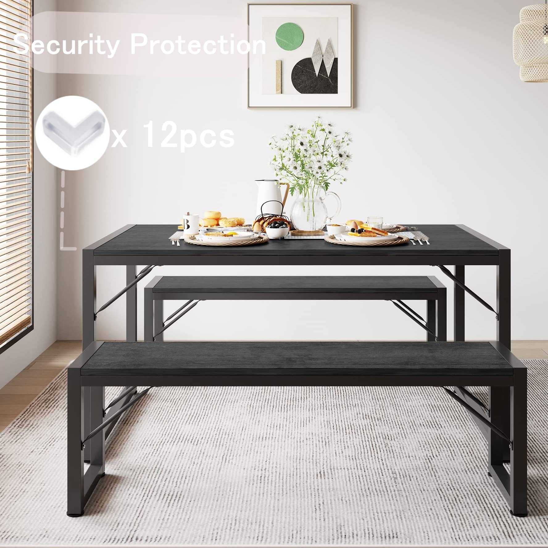 Aiho 3 Piece Kitchen Dining Set with 2 Benches &amp; Wood Table Top, Small Kitchen Table Set for 4, Modern Dining Room Sets for Kitchen, Living Room - Black