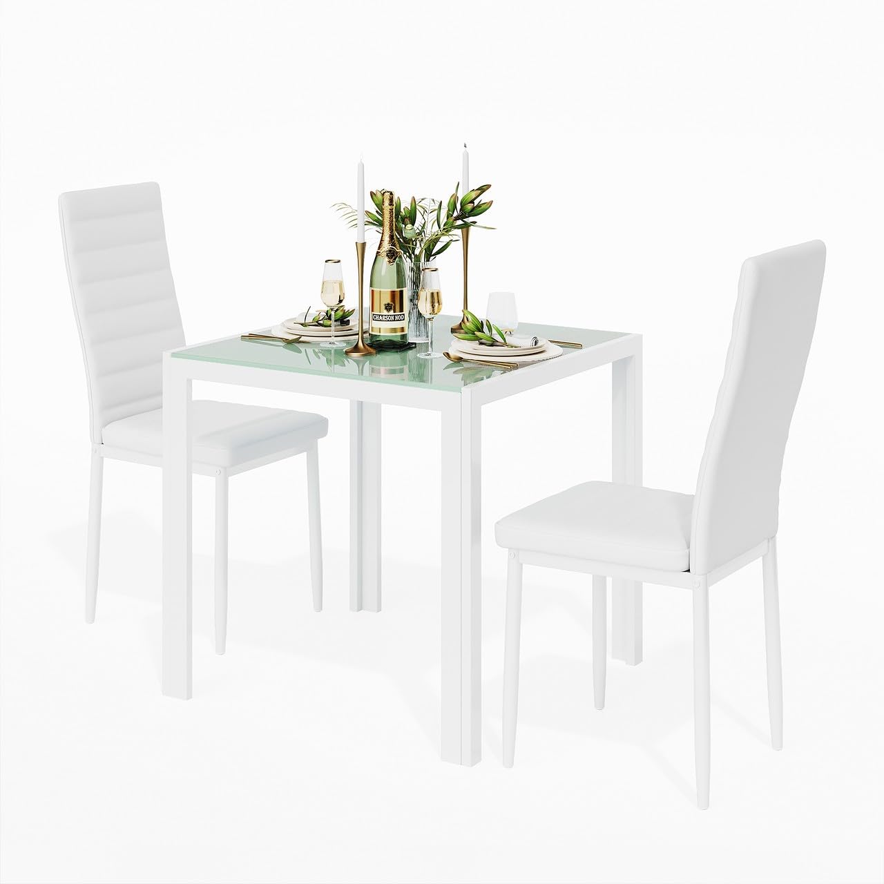 Dining Table Set for 2 Person, Aiho Modern Kitchen Table with 2 PU Leather Chairs for Dining Room, Kitchen, Small Space, Black