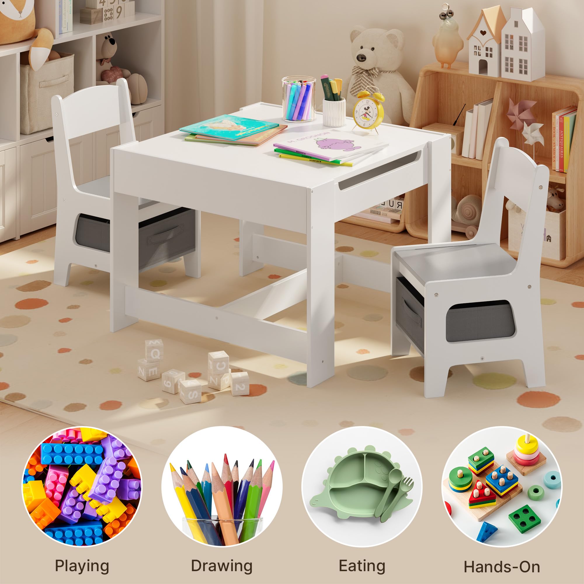 Aiho Kids Table and 2 Chairs Set, 4-in-1 Kids Table Set, Child Activity Desk with Chalkboard/Whiteboard - Gray