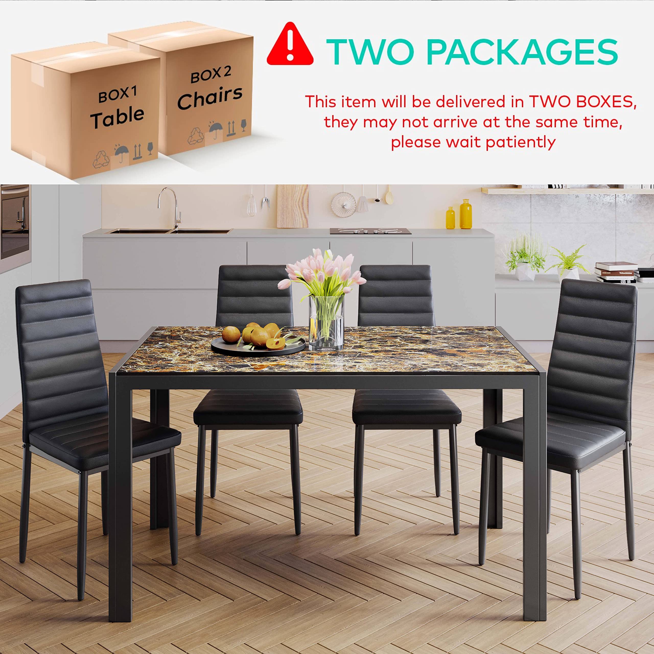 Aiho Dining Table Set for 4, Modern Glass Kitchen Table with 4 Cushioned Chairs , For Dining Room, Kitchen, Living Room - Marble