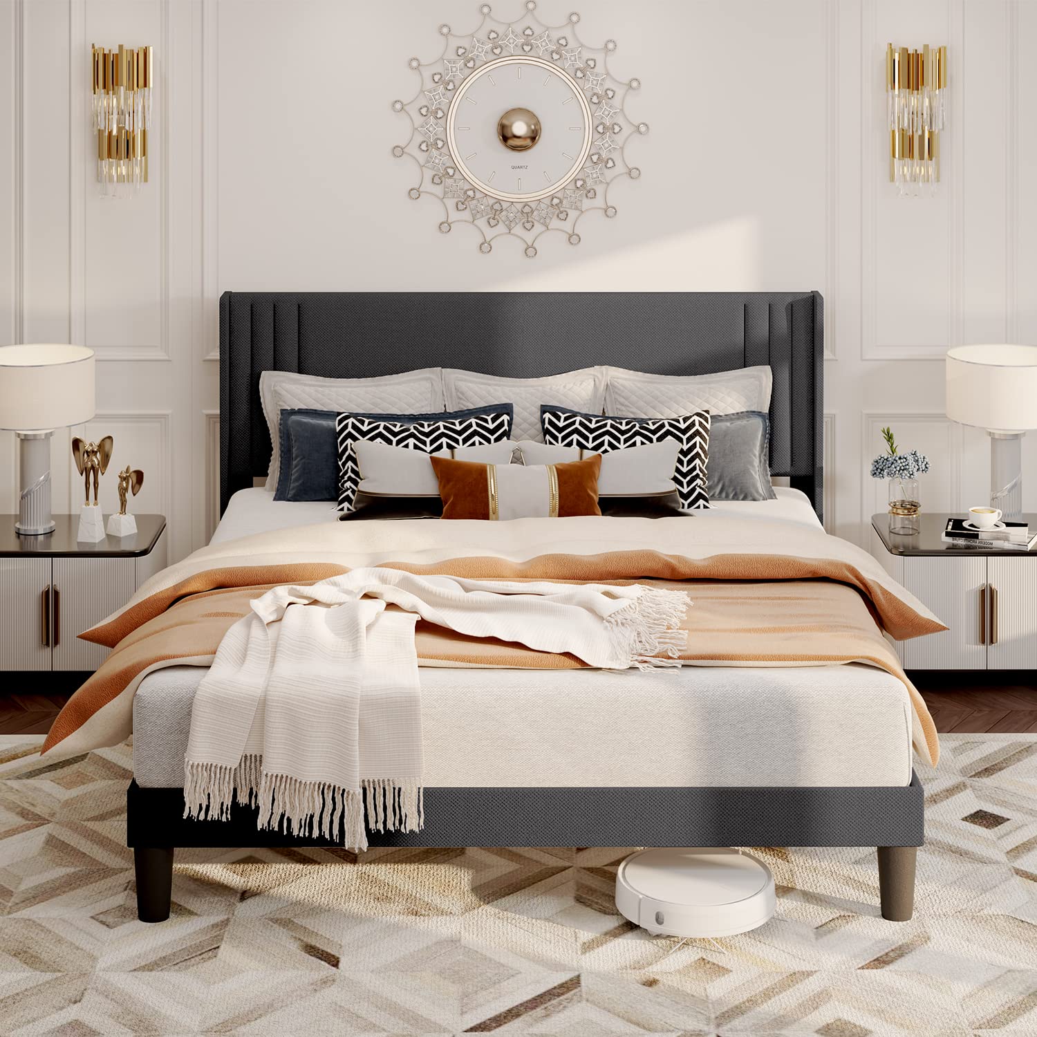 Upholstered Platform Bed, Aiho Full Size Bed Frame with Underneath Storage & Modern Wingback Headboard & No Box Spring Needed - Gray