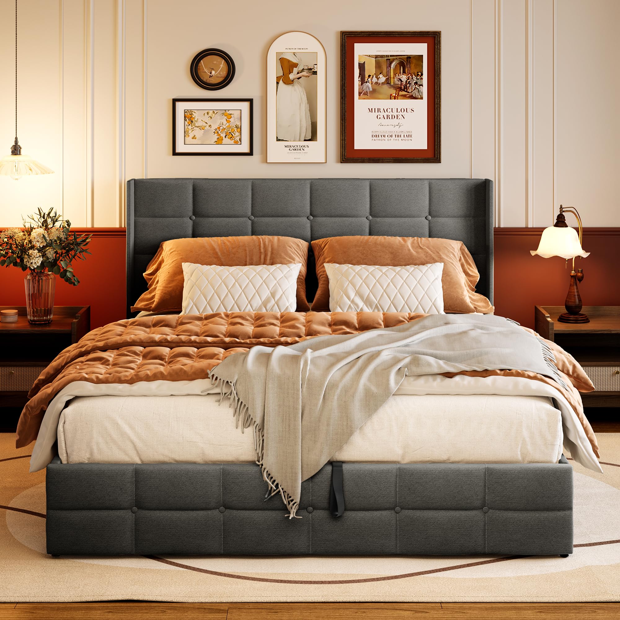 Aiho Full Lift Up Storage Bed, Full Size Bed Frame with Big Underneath Storage & Modern Wingback Headboard & No Box Spring Needed - Gray