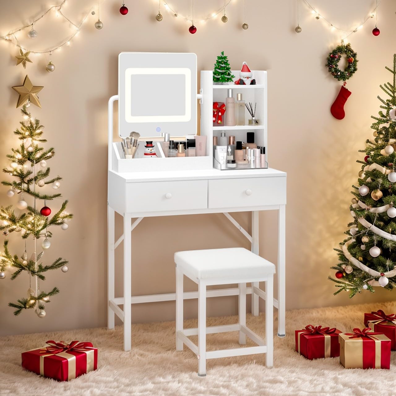 Aiho Makeup Vanity Desk with Vanity Stool, Storage Drawers and 3 Shelves, Vanity Desk with Square Mirror and Adjustable Lights, For Bedroom, Bathroom, Living Room and Closet Room-White