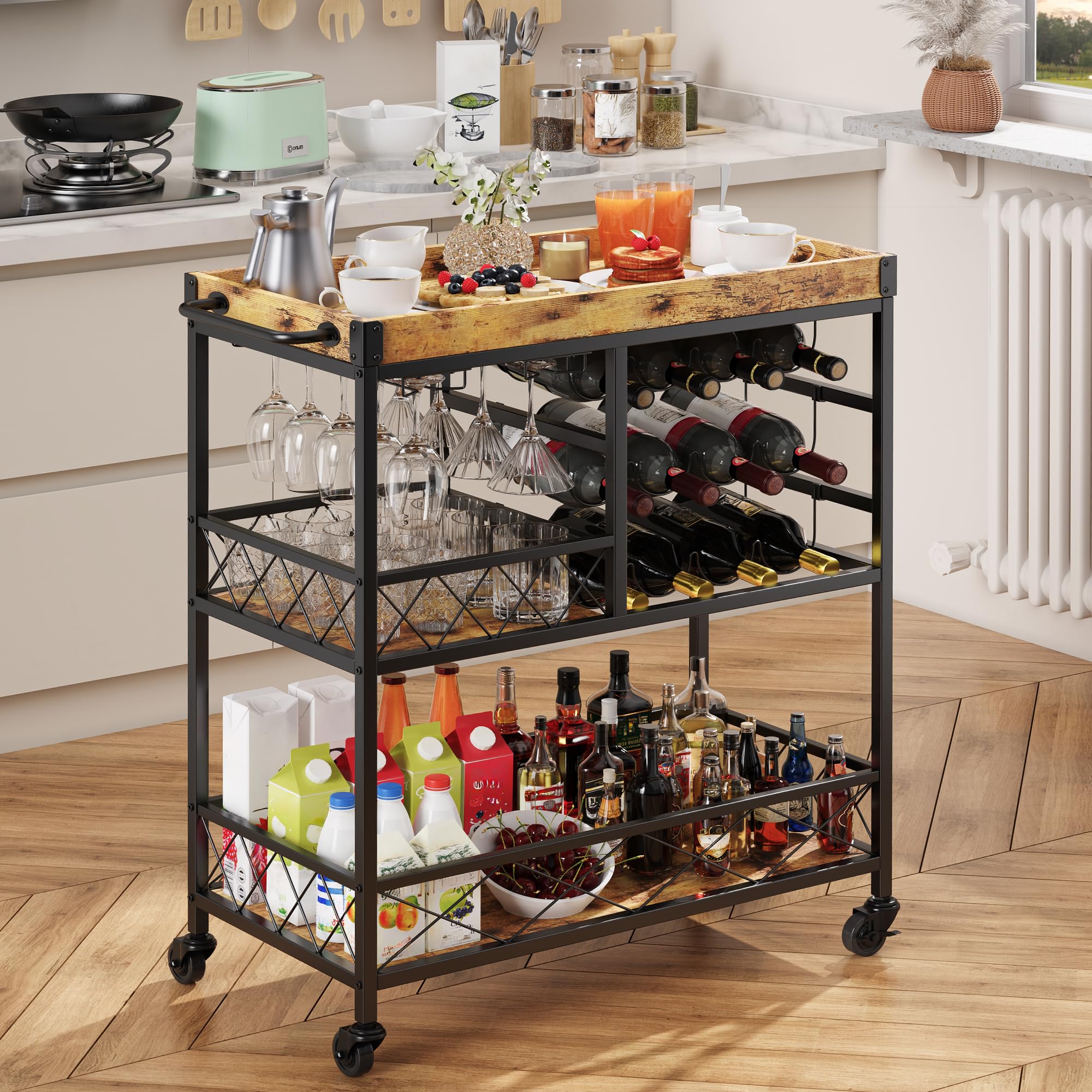 3 Tier 38 "H Metal Bar Serving Cart with Lockable Wheels and 12 Wine Racks