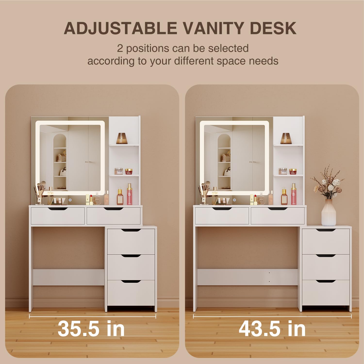 Aiho Vanity Set with Square Mirror and 3 Colors Adjustabe Lights, Makeup Vanity Desk with 5 Drawers, 3 Shelves and Vanity Stool, For Bedroom, Bathroom, Living Room and Closet Room-White