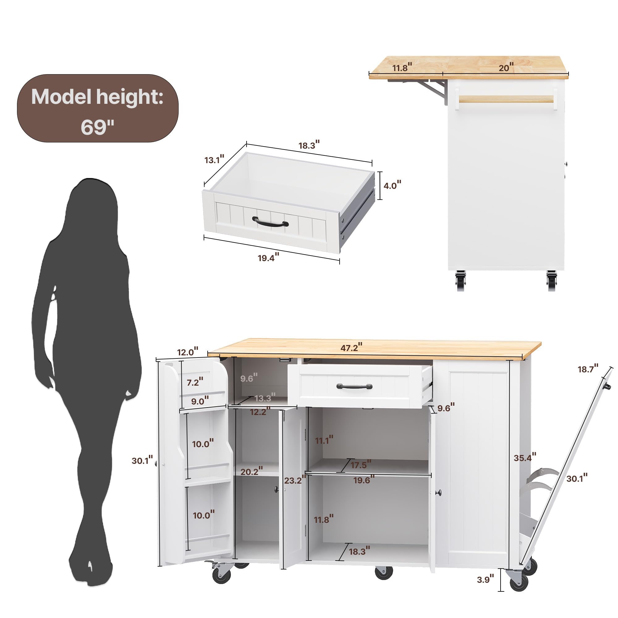 47.2"W Aiho Island Table for Kitchen with Folding Drop Leaf & Spice Rack & Drawer, Kitchen Island with Trash Can Storage for Kichen, Bar, Living Room, White