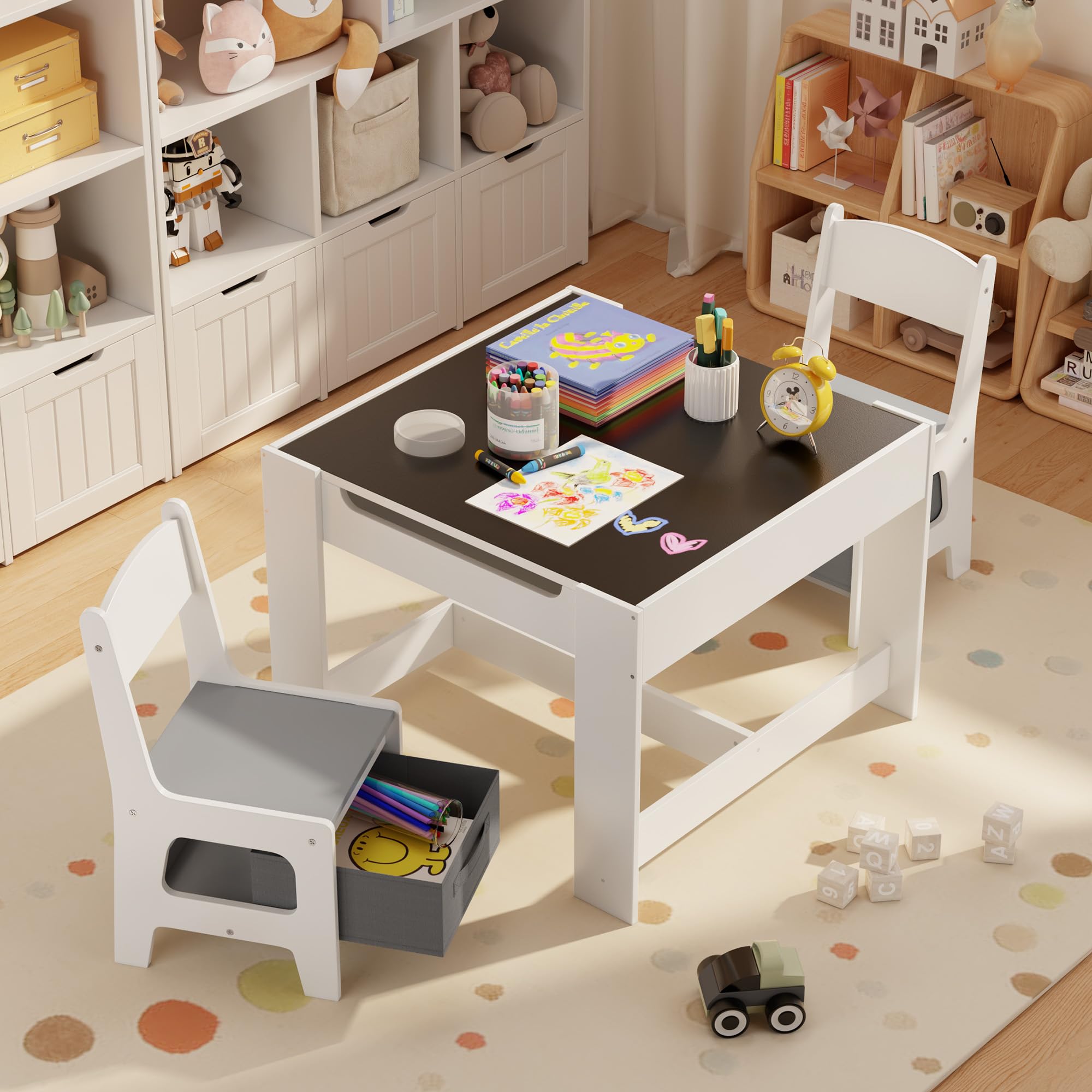 Aiho Kids Table and 2 Chairs Set, 4-in-1 Kids Table Set, Child Activity Desk with Chalkboard/Whiteboard - Gray