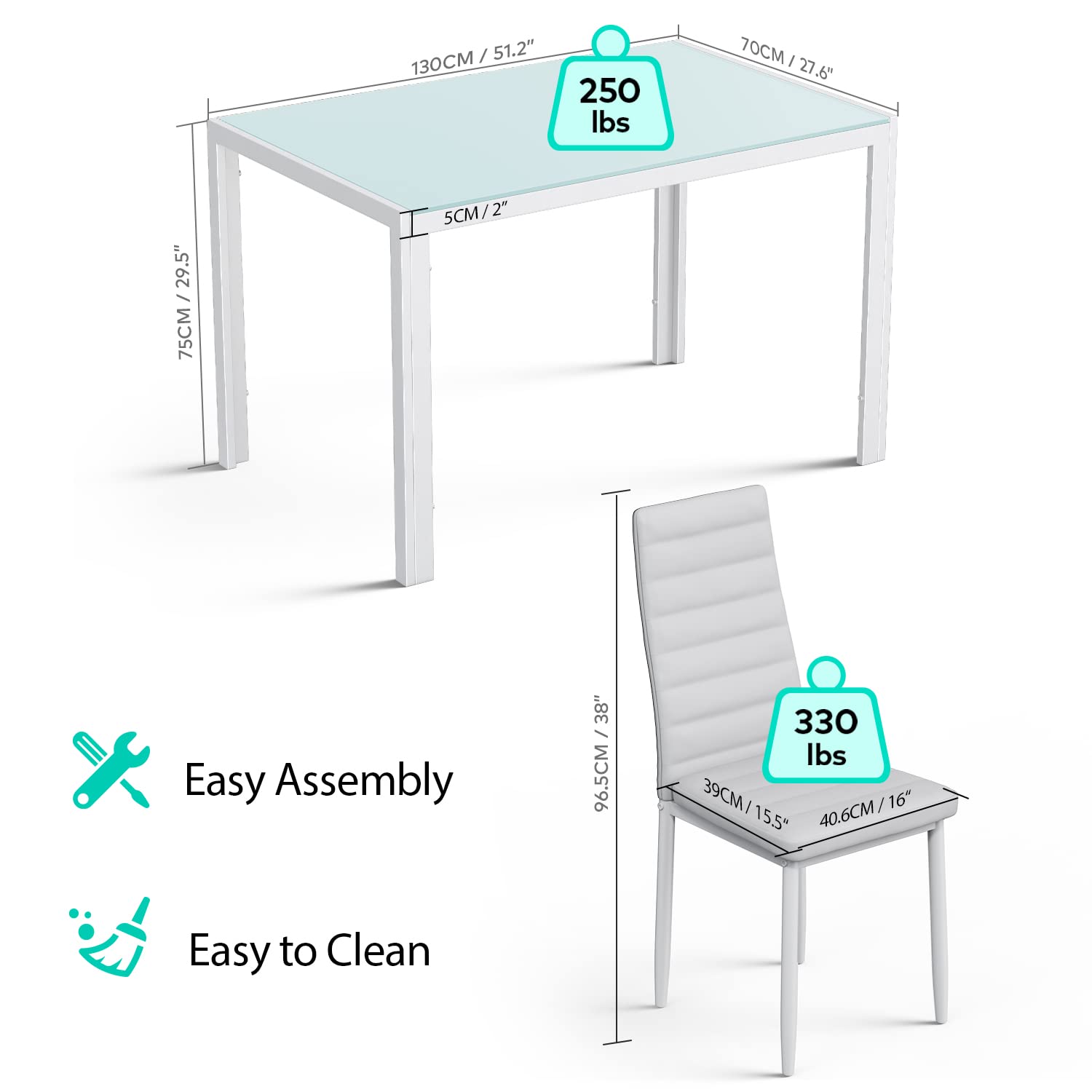 Aiho Dining Table with 6 PU Leather Chairs, Morden Kitchen Table Chairs Set for 6 Person, Perfect for Dining Room, Kitchen, Living Room, White
