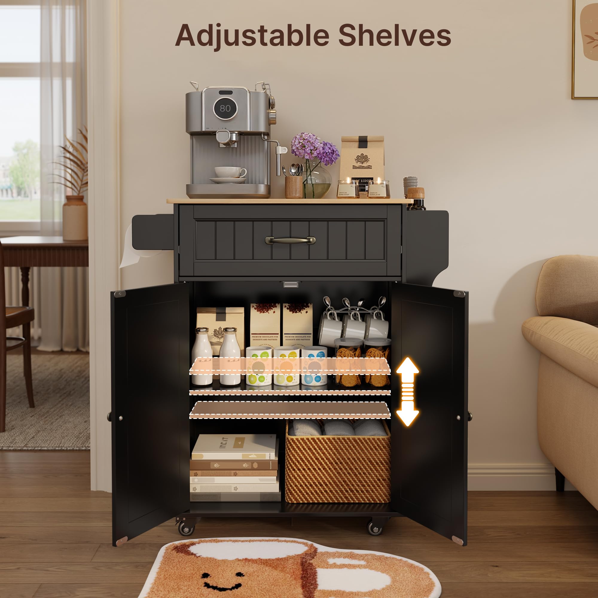Aiho Kitchen Island with Storage, Microwave Stand with Worktop, Spice Rack & Adjustable Shelves & 1 Drawer, Perfect for Kitchen, Bar, Black