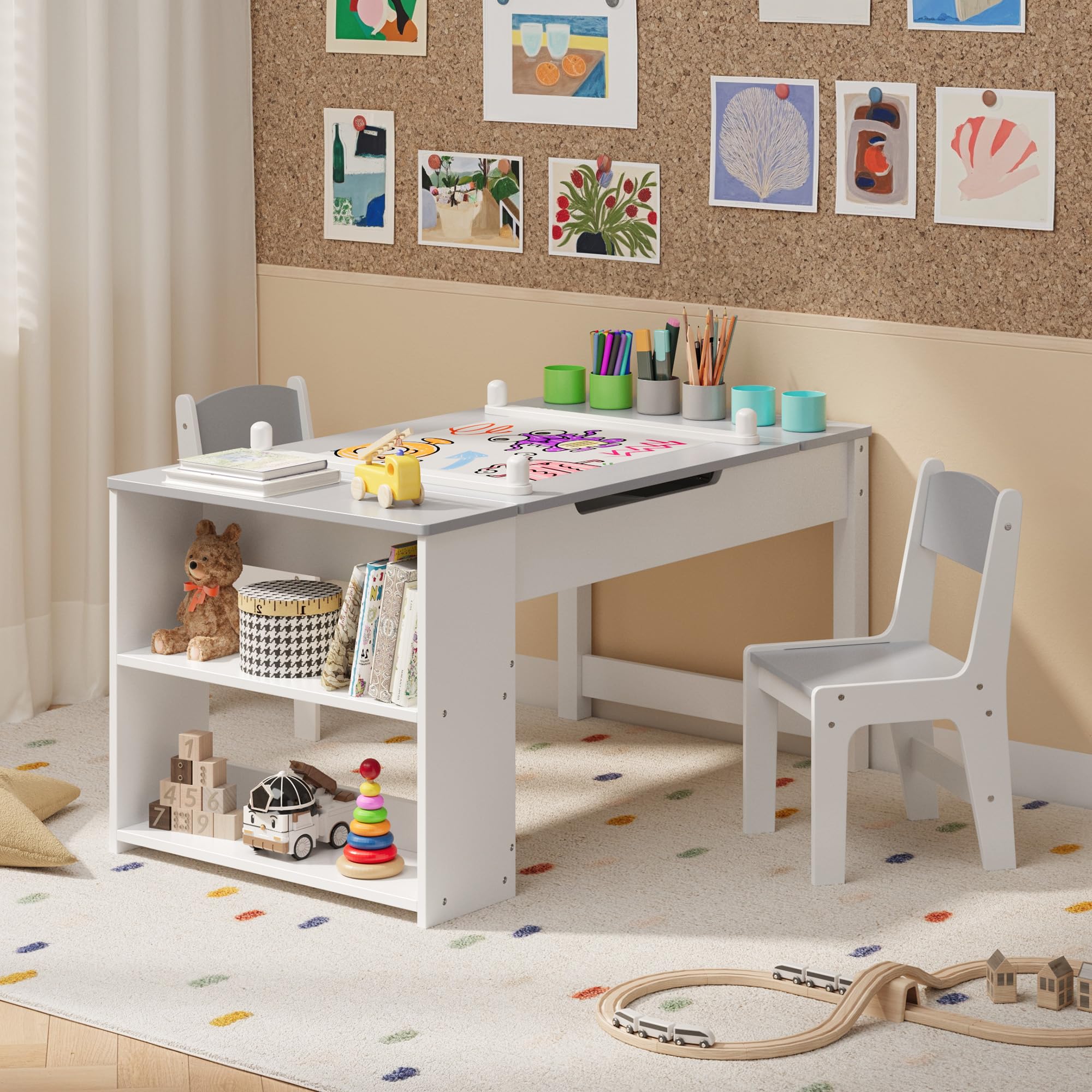 Aiho 3 in 1 Kid Table & Chair Set Drawing, Child Activity Table, Kids Table Set Painting with Cabinet - Grey