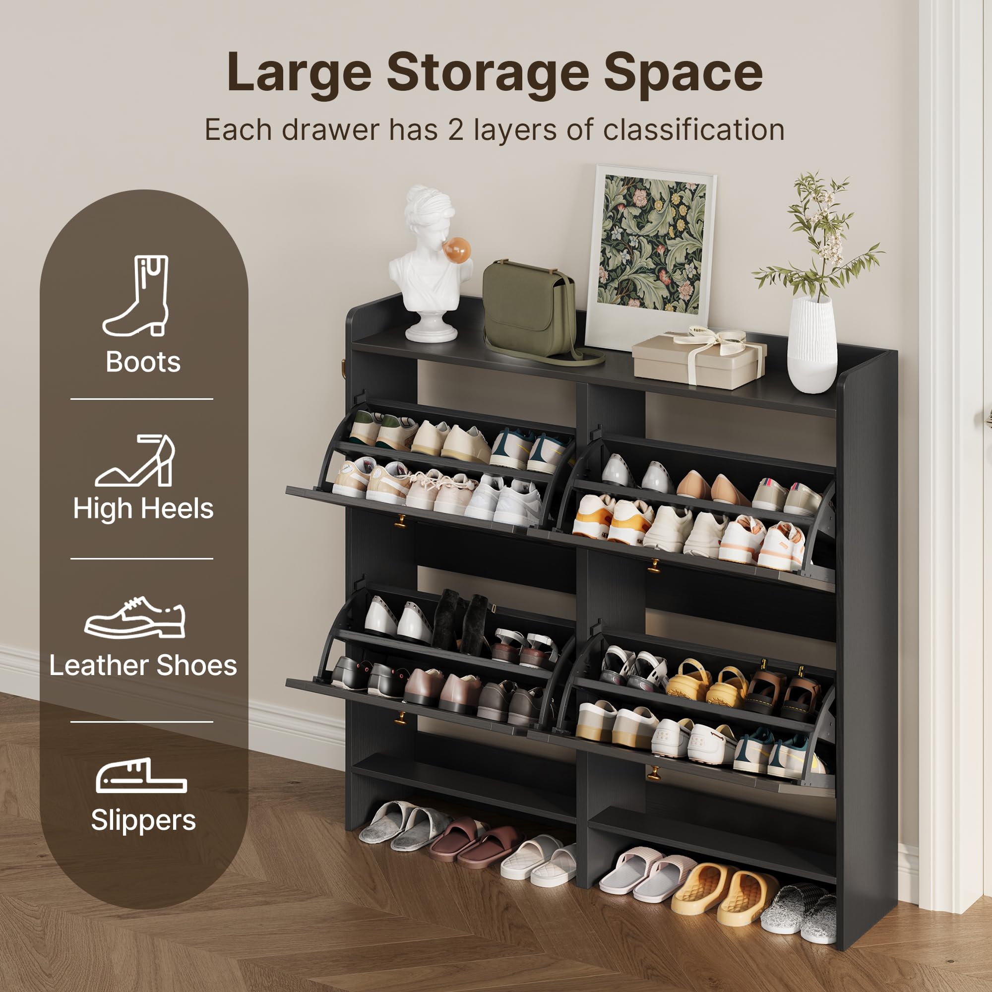 Aiho Shoe Storage Cabinet with 4 Flip Drawers and with Open Storage, MDF Wood Narrow Shoe Cabinet, For Foyer, Hallway, Porch, Living Room, Balcony, Bedroom-Black