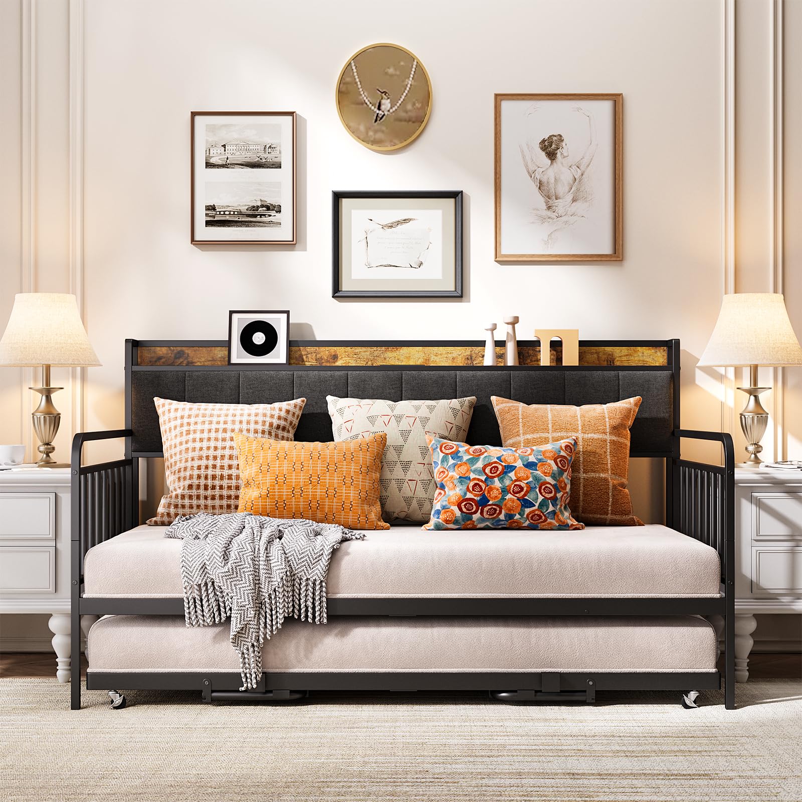 Aiho Daybed with Trundle, Twin Day Bed Frame with Storage Headboard and Charging Station, Sturdy Metal Sofa Bed with Pull-Out Trundle for Living Room, Bedroom and Guest Room - Grey