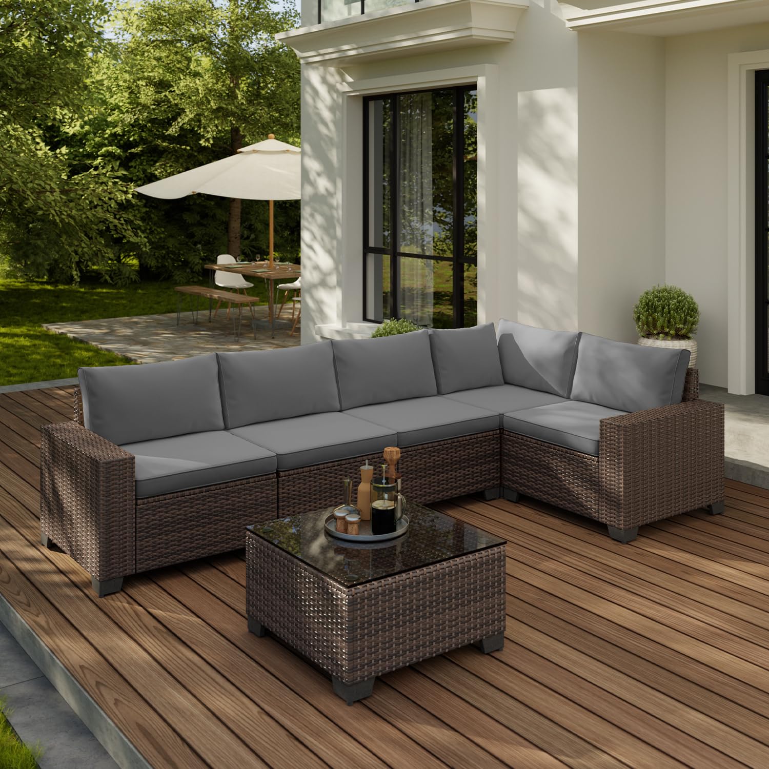 Aiho Outdoor Patio Furniture Set with All Weather Wicker, 6 Pieces Outdoor Sectional Sofa with Soft Cushions and Coffee Table, For Garden, Backyard, Poolside, Patio, Porch and Balcony - Gray