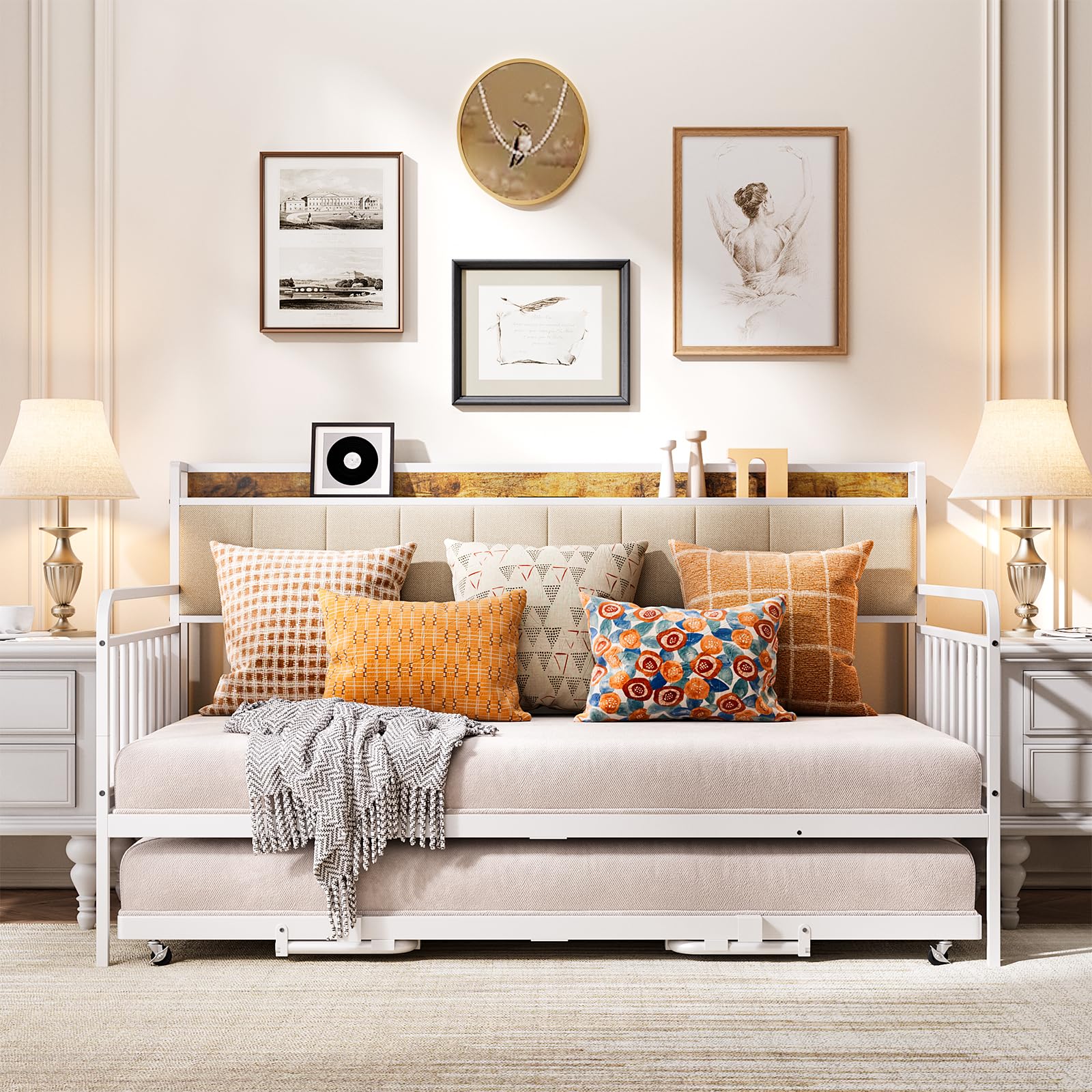 Aiho Daybed with Trundle, Twin Day Bed Frame with Storage Headboard and Charging Station, Sturdy Metal Sofa Bed with Pull-Out Trundle for Living Room, Bedroom and Guest Room - Beige