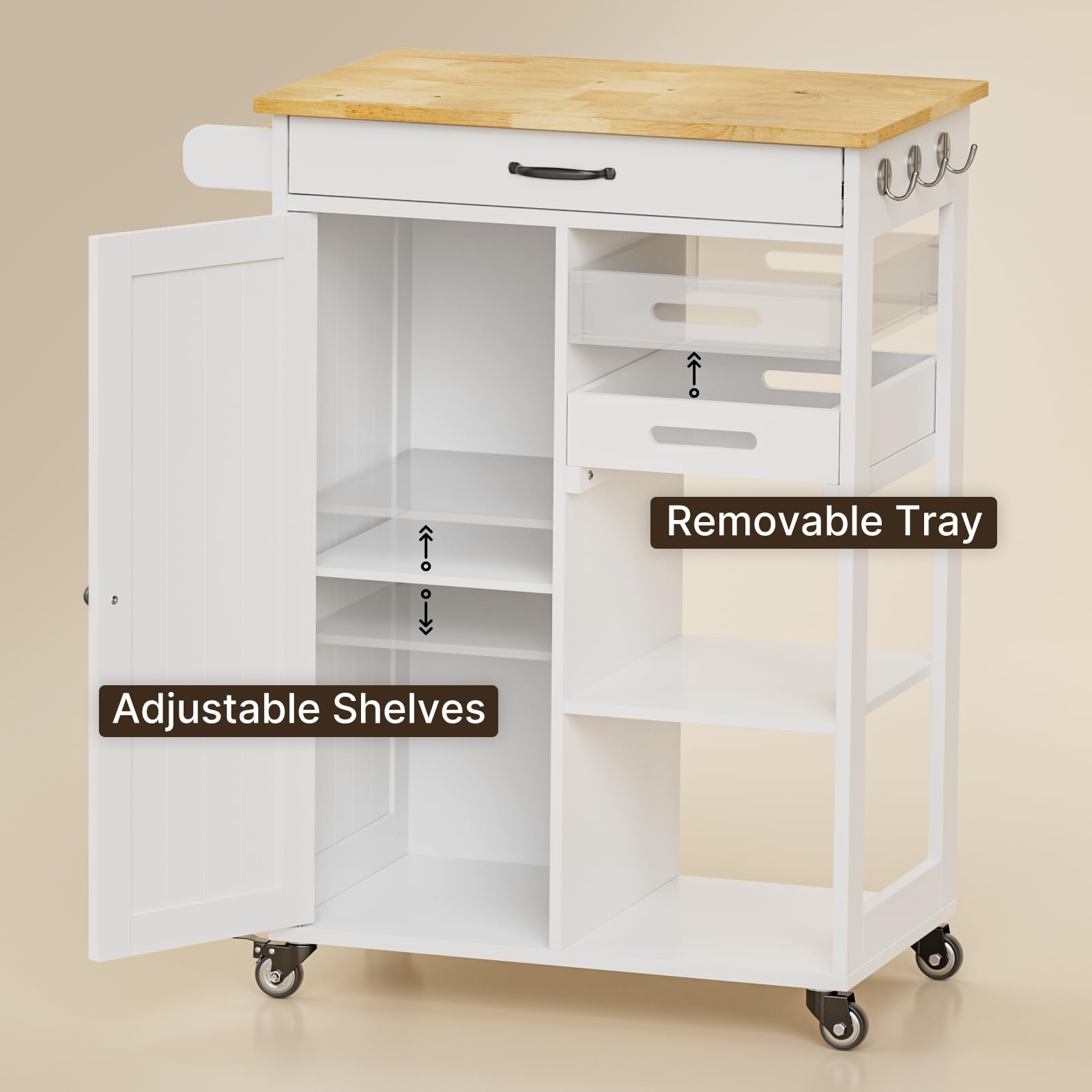 Aiho Kitchen Island Cart on Wheels with Towel Bar and Hooks, Rolling Mobile Serving Utility Cart with Drawer and Adjustable Shelves, White
