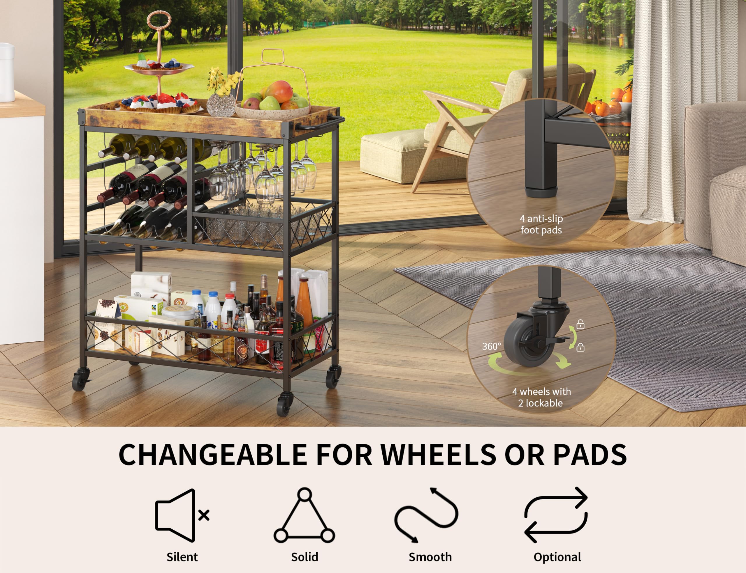 3 Tier 38 "H Metal Bar Serving Cart with Lockable Wheels and 12 Wine Racks