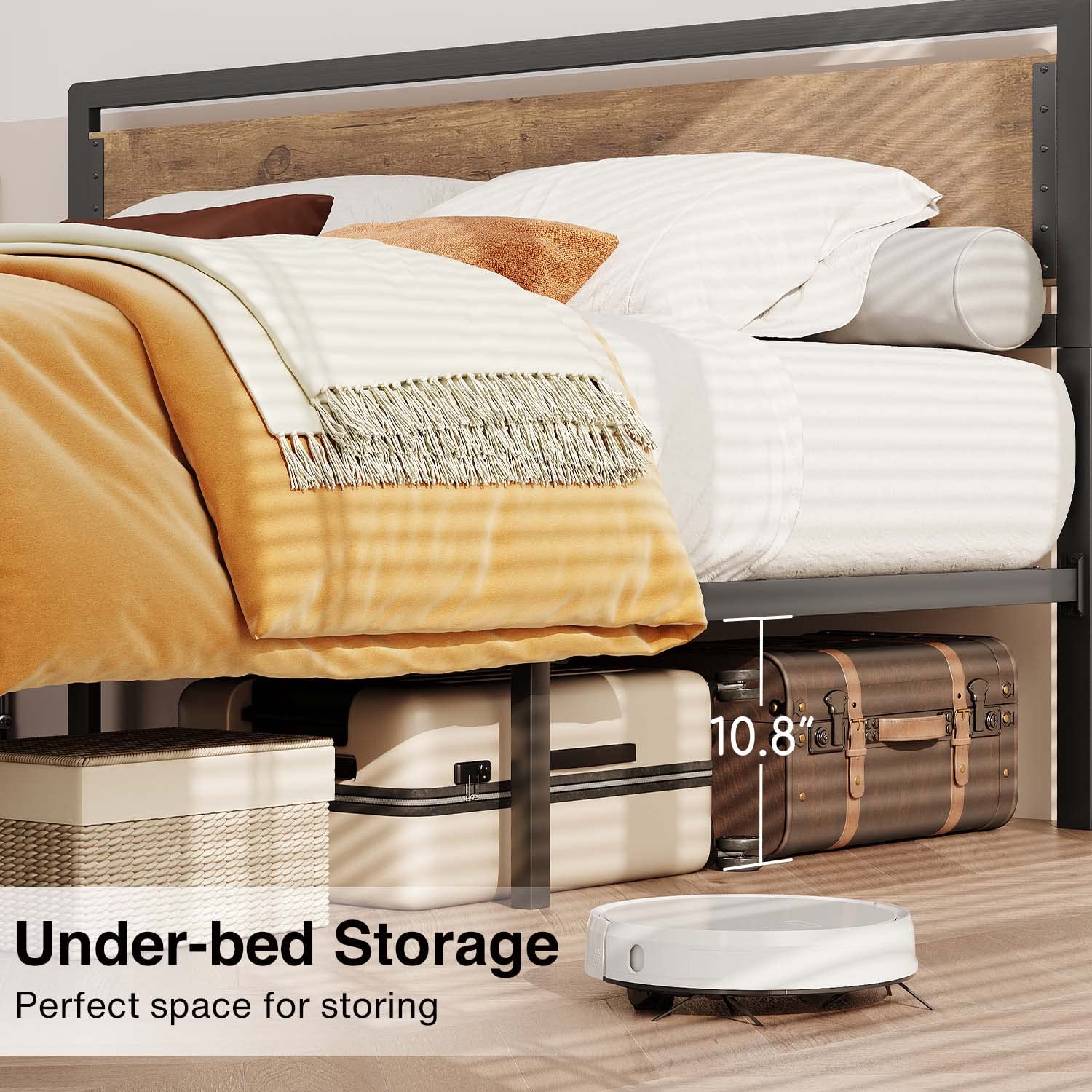 Aiho Full Size Metal Platform Bed Frame with Square Frame Wooden Headboard&Footboard, 10.8" Under-bed Storage Space - Brown