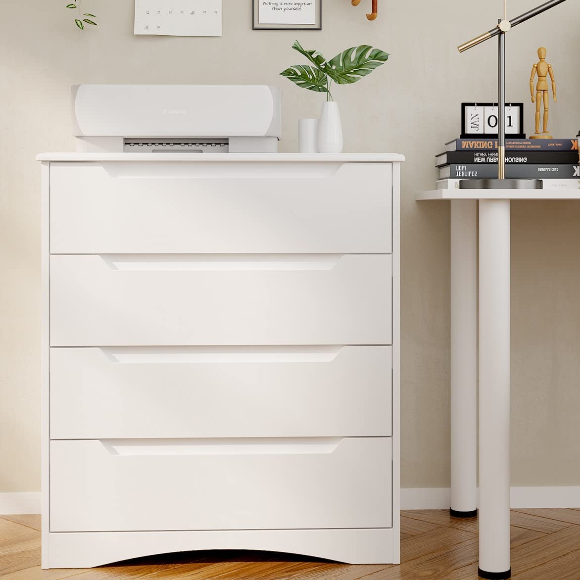 Aiho White 4 Drawer Dresser for Bedroom, Wooden Storage Organizer Cabinet for Living Room, Bedroom - White
