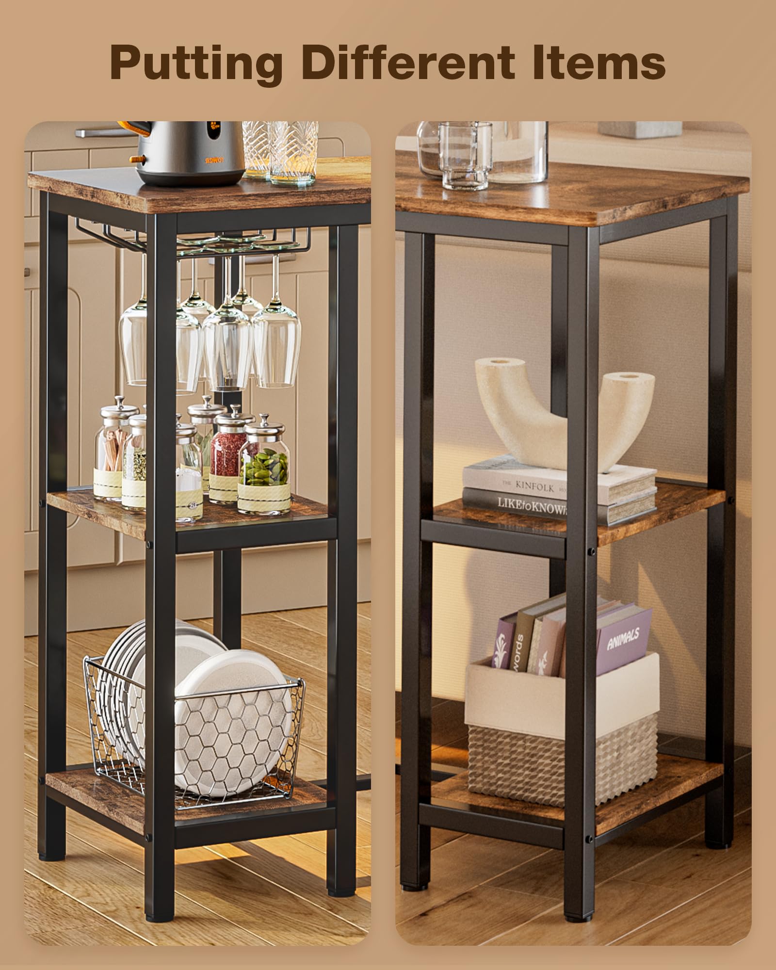 Aiho Dining Table Set for 2 Person, 3 Pieces Bar Bar Table and Chairs Set with 2 Storage Shelves & Glass Rack, For Kitchen, Dining Room, Bar, Rustic Brown