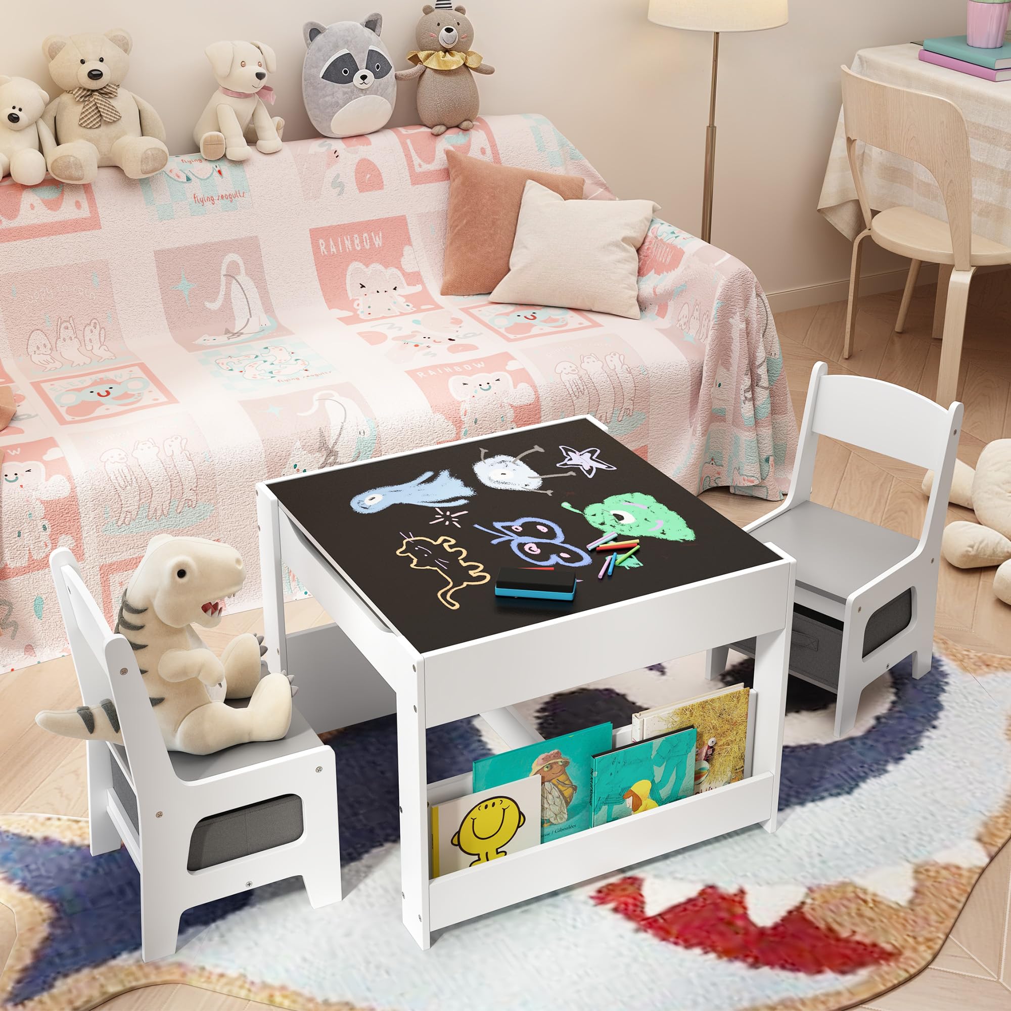 Aiho 3 Piece Child Table and Chair Set, 4-in-1 Kids Table Set, Child Activity Desk with Chalkboard/Whiteboard and Bookshelf - Gray