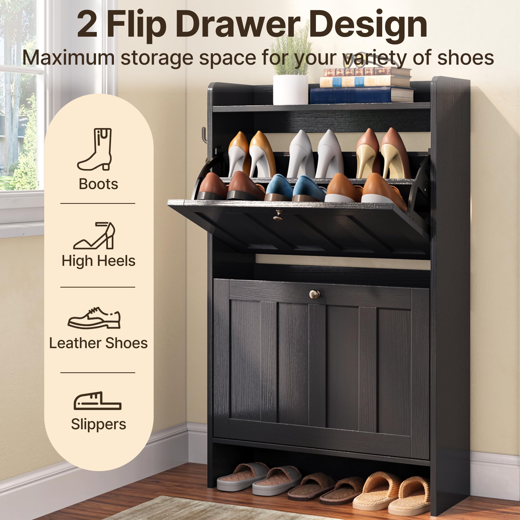 Aiho Shoe Storage Cabinet with 2 Flip Drawers and Open Storage, MDF Wood Narrow Shoe Cabinet, For Foyer, Hallway, Porch, Living Room, Balcony, Bedroom-Black