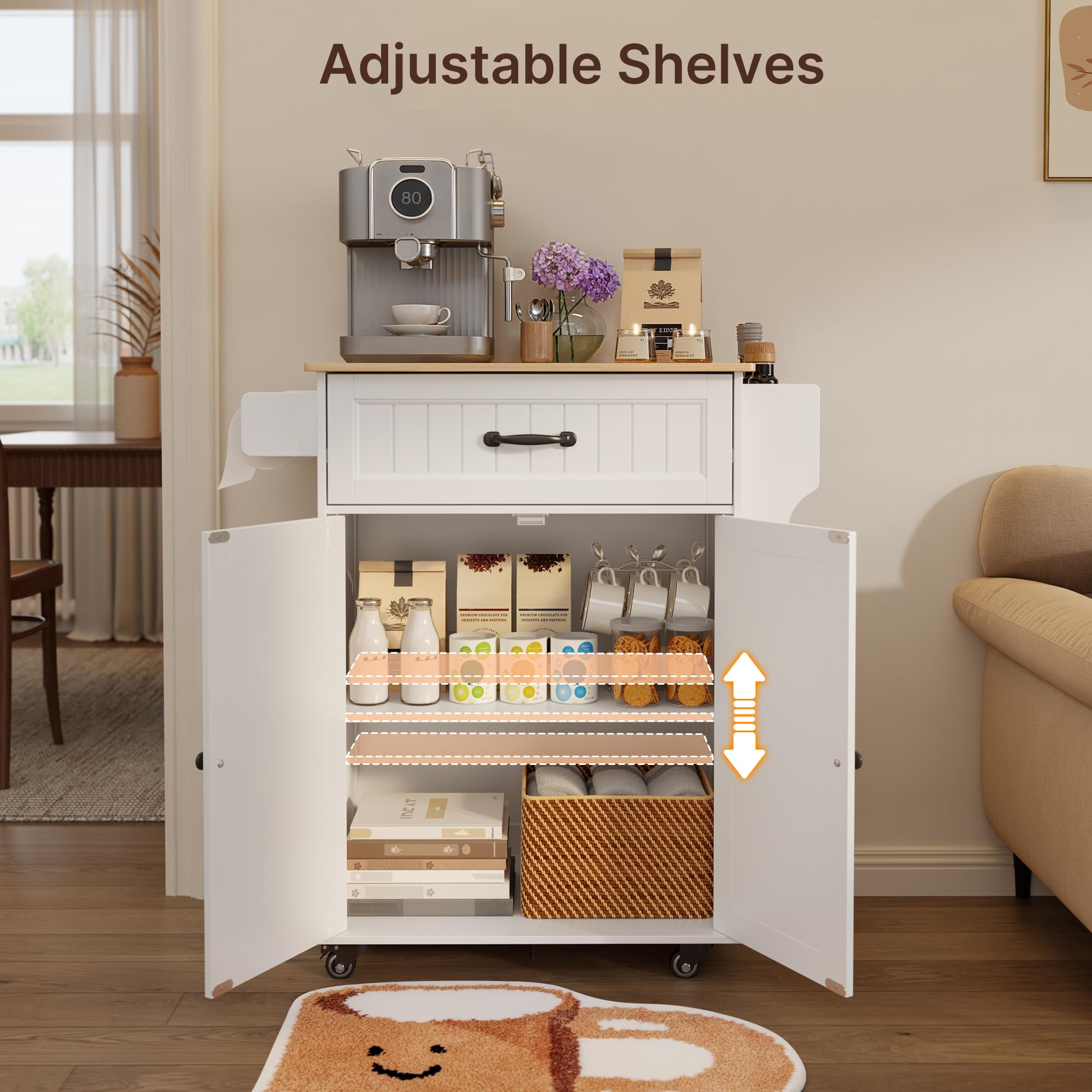 Aiho Kitchen Island Cart with Storage,Rolling Kitchen Island Side Table on Wheels with Worktop,Spice Rack ,Adjustable Shelves and Drawer for Kitchen,Dining Room - White