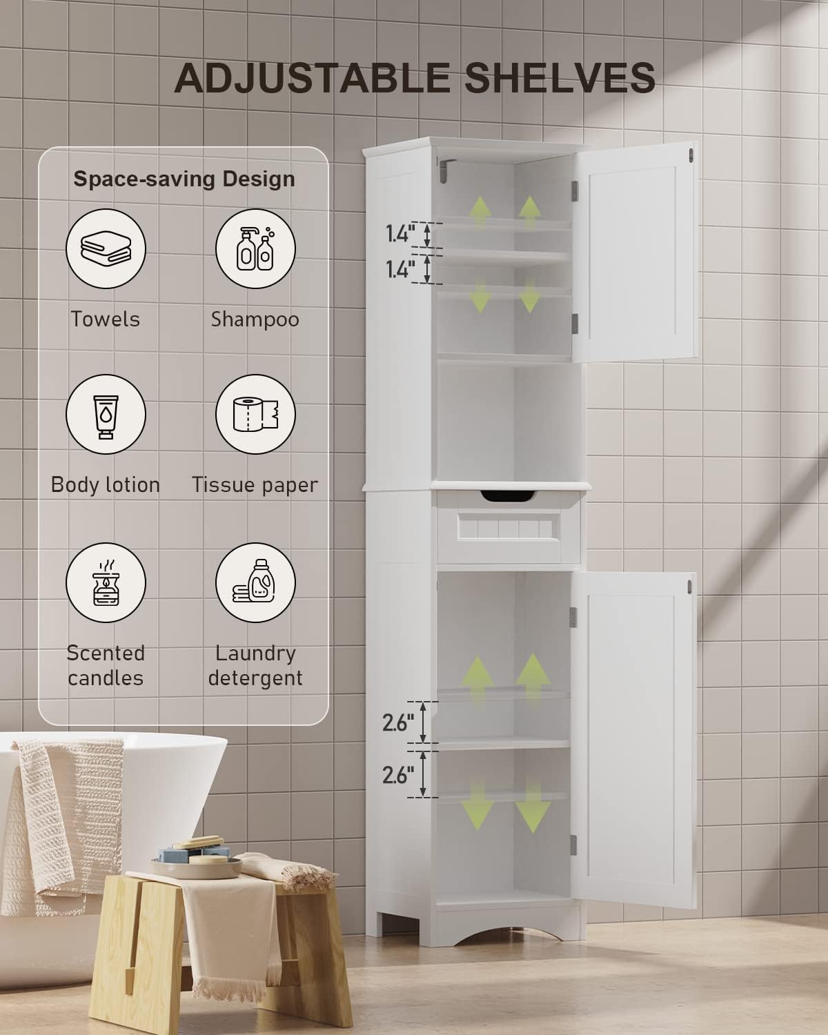 Aiho Bathroom Storage Cabinet, White Linen Cabinet, Narrow Tall Cabinet Storage Tower with Door ,Drawer and Open Storag