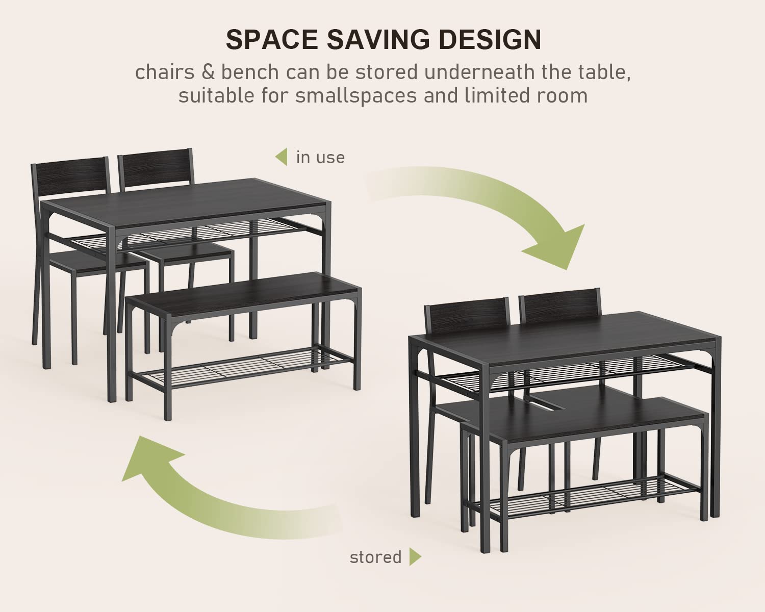 Aiho Dinning Table for 4, Kitchen Table and 2 Chairs for 4 with Bench, 4 Piece Dining Table Set for Small Space, Apartment - Black
