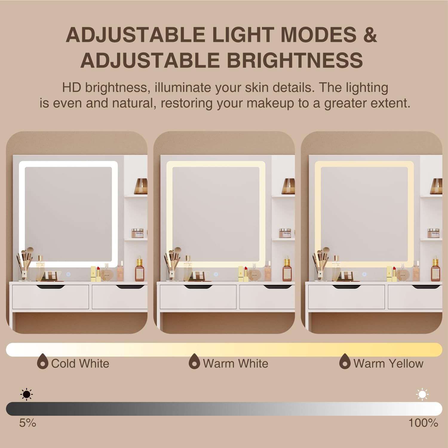 Aiho Vanity Set with Square Mirror and 3 Colors Adjustabe Lights, Makeup Vanity Desk with 5 Drawers, 3 Shelves and Vanity Stool, For Bedroom, Bathroom, Living Room and Closet Room-White